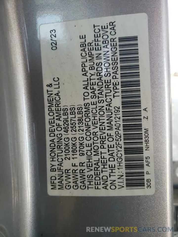 13 fotografías del automóvil dañado 1HGCY2F52PA012192 HONDA ACCORD 2023
