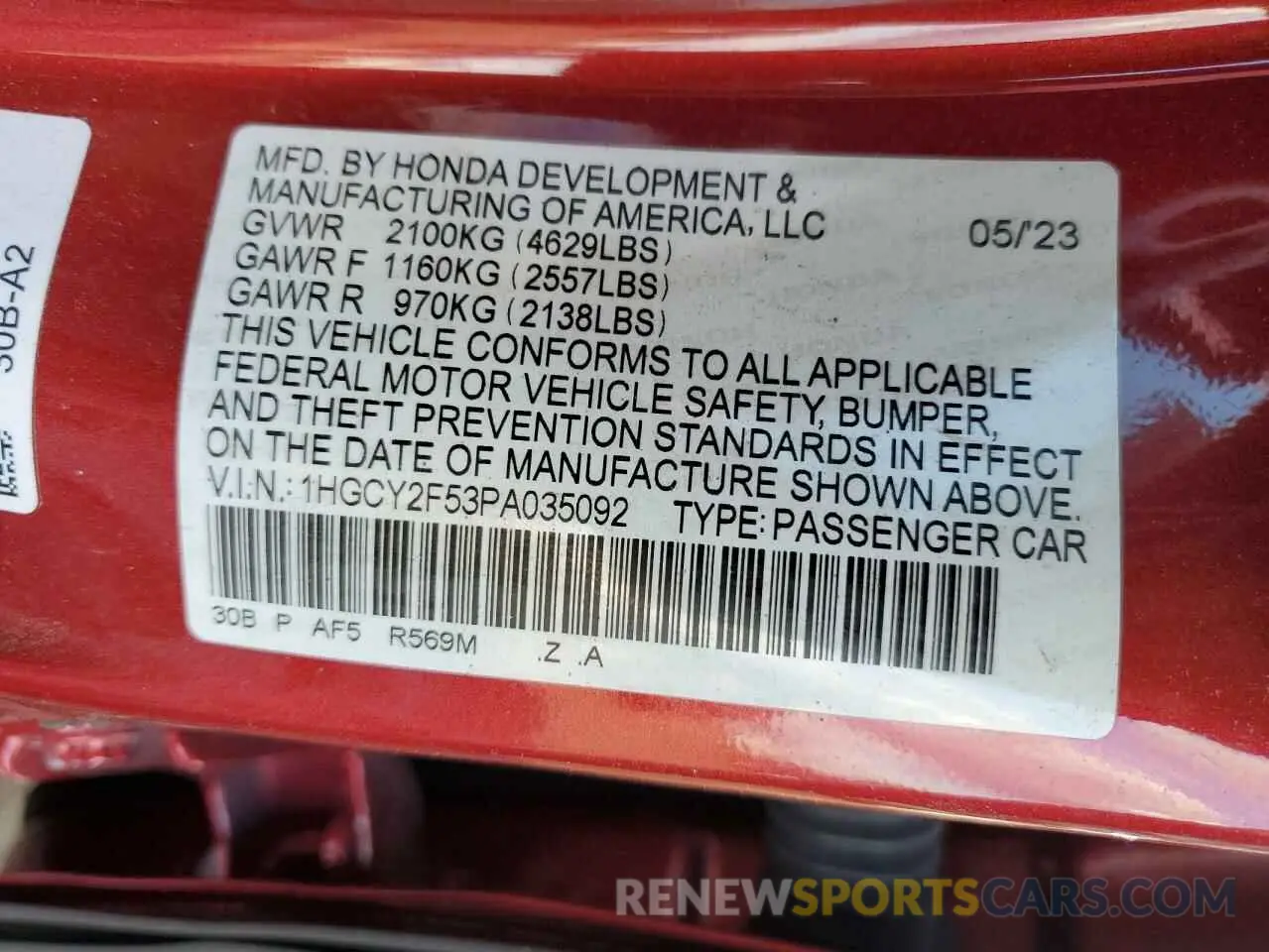 16 fotografías del automóvil dañado 1HGCY2F53PA035092 HONDA ACCORD 2023