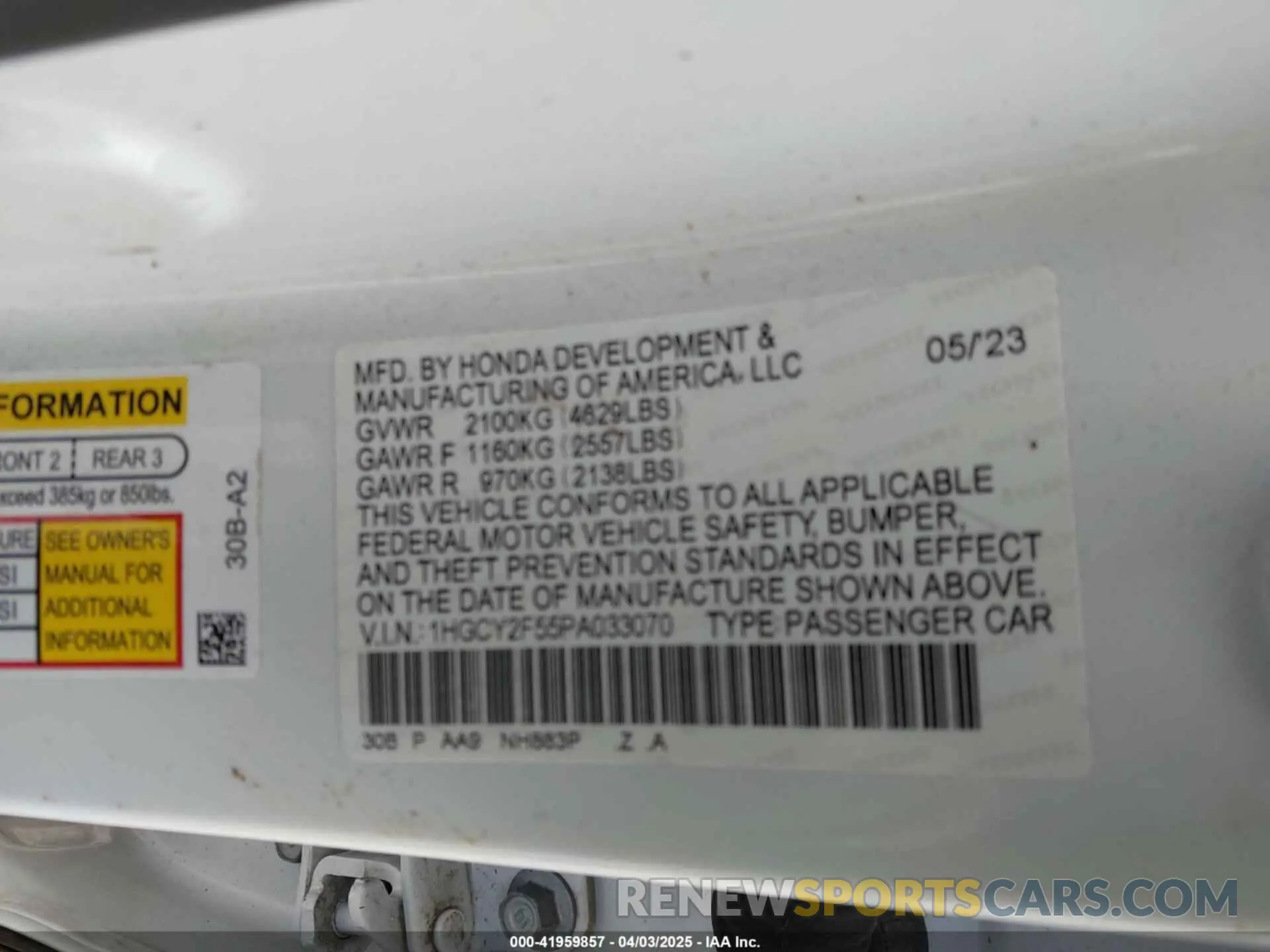 9 fotografías del automóvil dañado 1HGCY2F55PA033070 HONDA ACCORD 2023