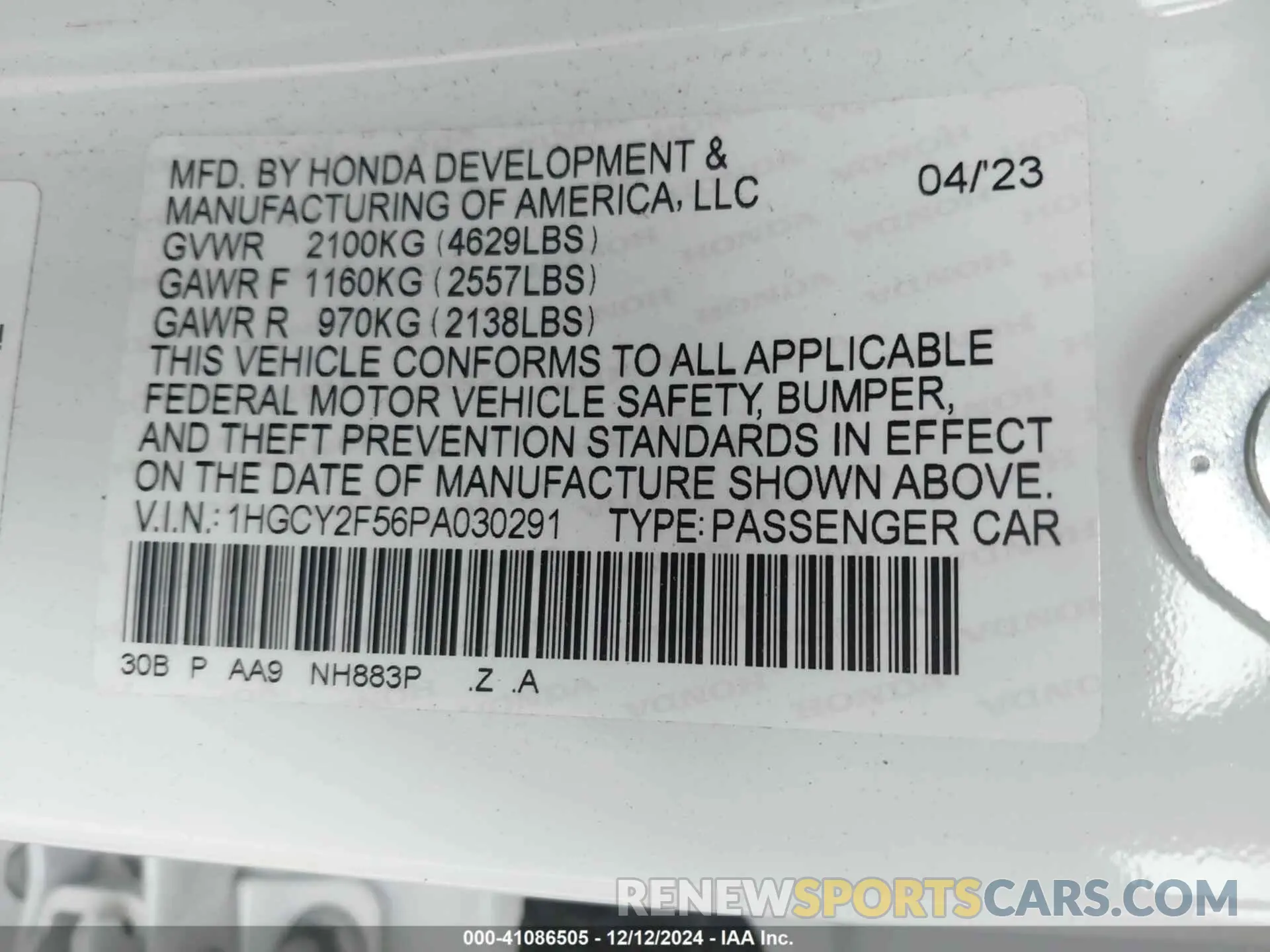 9 fotografías del automóvil dañado 1HGCY2F56PA030291 HONDA ACCORD 2023