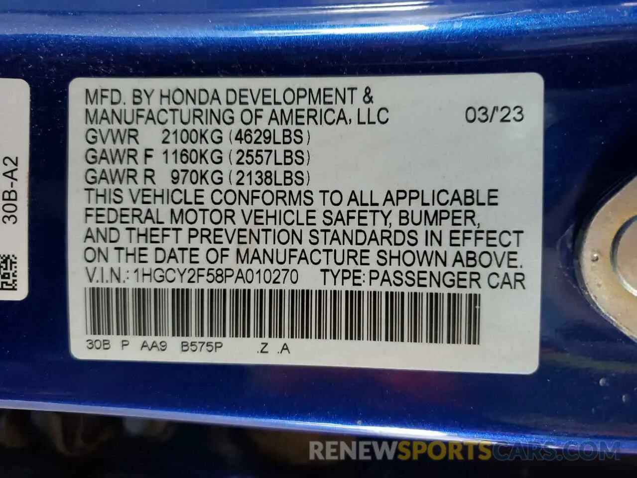 12 fotografías del automóvil dañado 1HGCY2F58PA010270 HONDA ACCORD 2023