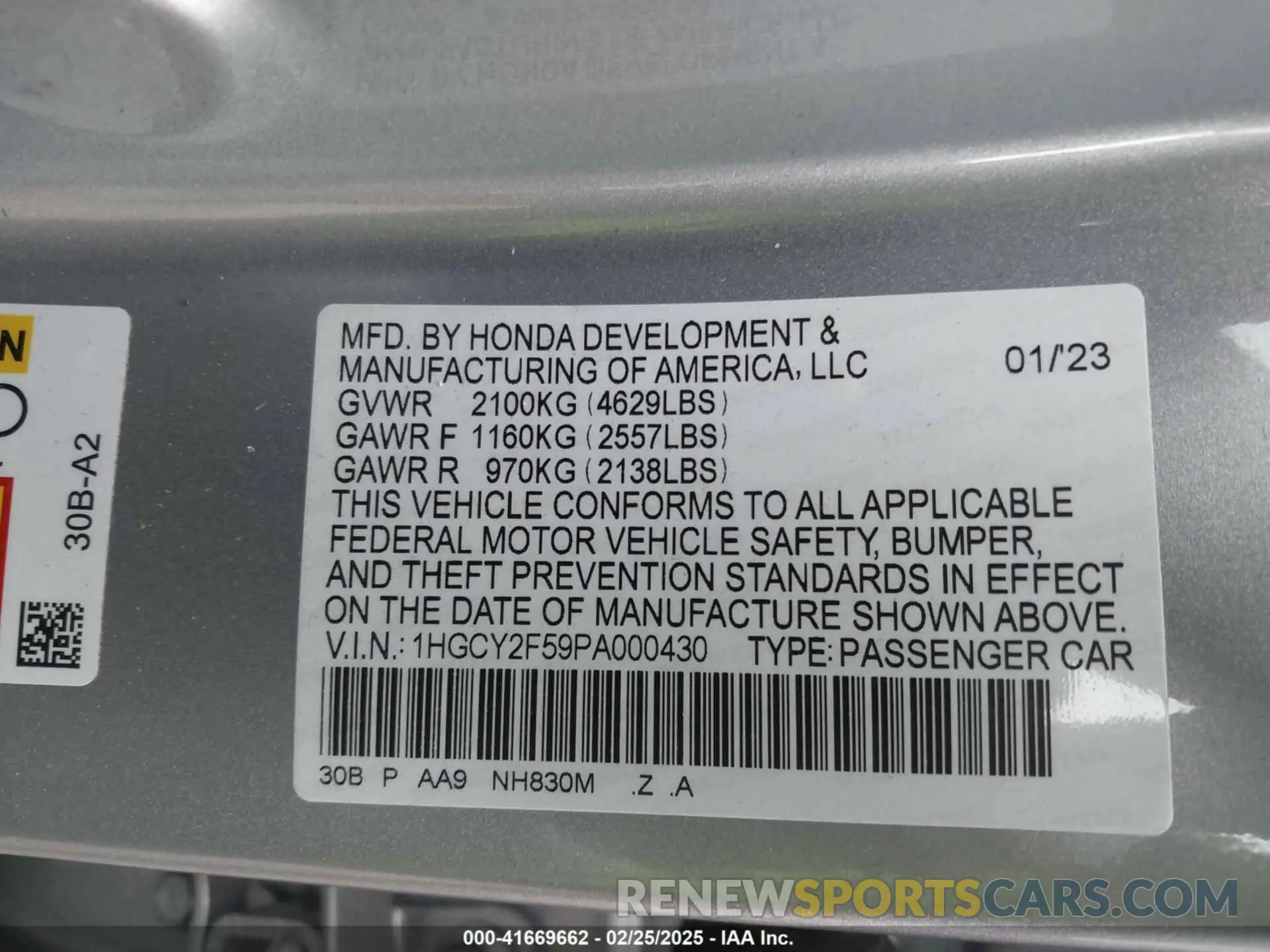 9 fotografías del automóvil dañado 1HGCY2F59PA000430 HONDA ACCORD 2023