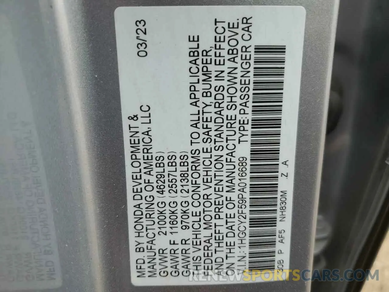 13 fotografías del automóvil dañado 1HGCY2F59PA016689 HONDA ACCORD 2023
