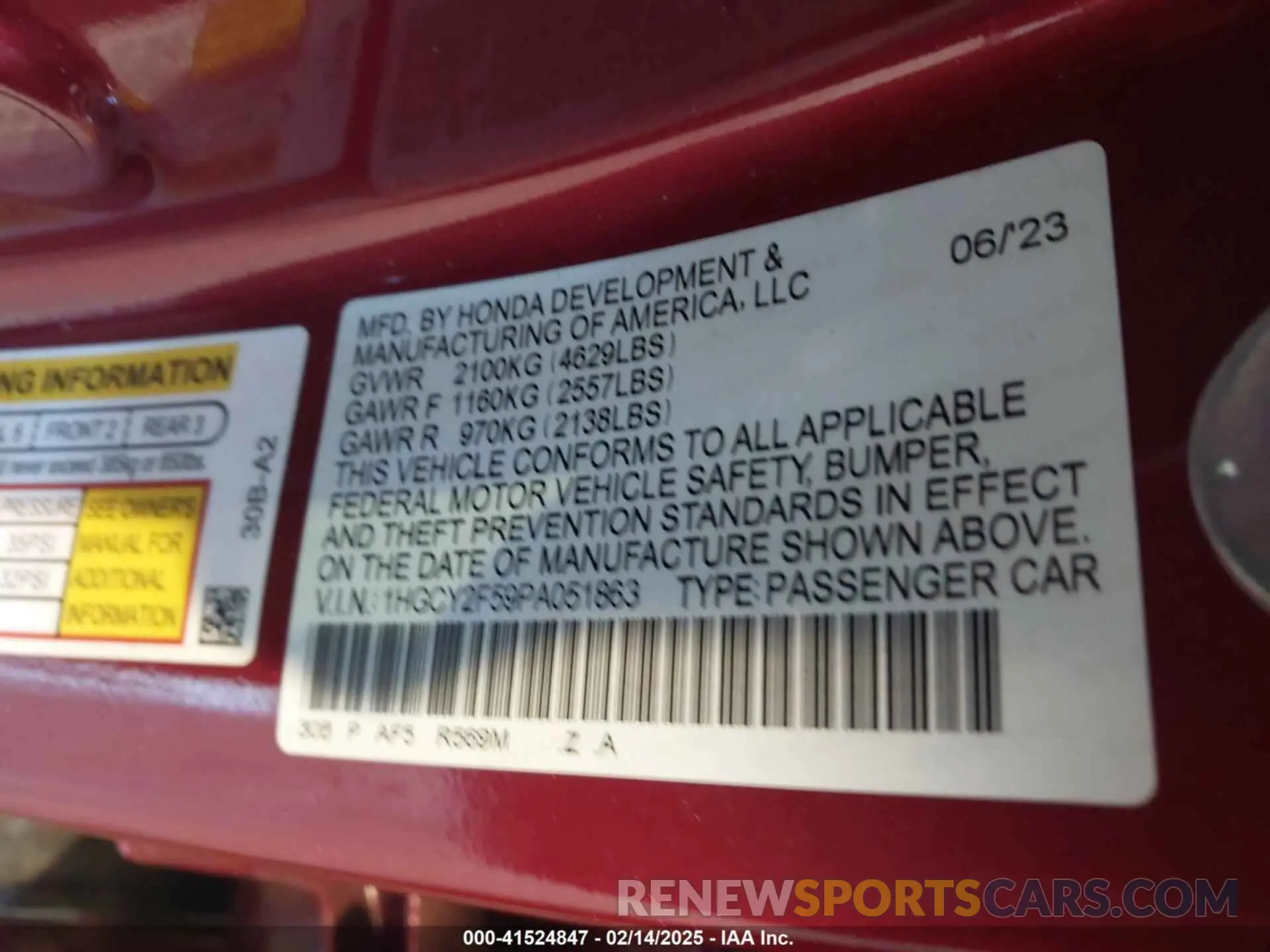 9 fotografías del automóvil dañado 1HGCY2F59PA051863 HONDA ACCORD 2023