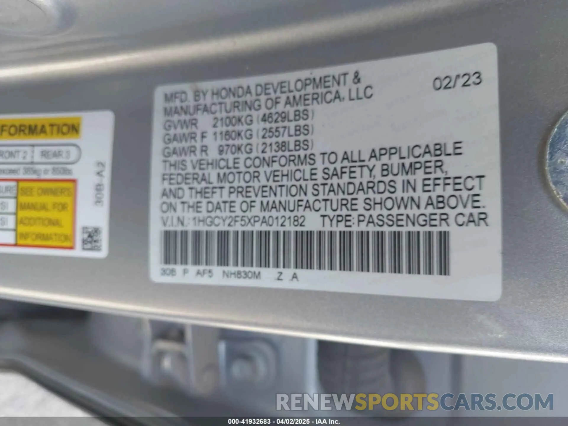 9 fotografías del automóvil dañado 1HGCY2F5XPA012182 HONDA ACCORD 2023