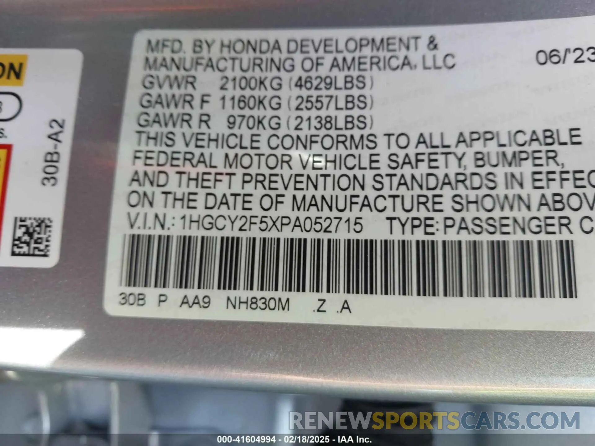 9 fotografías del automóvil dañado 1HGCY2F5XPA052715 HONDA ACCORD 2023