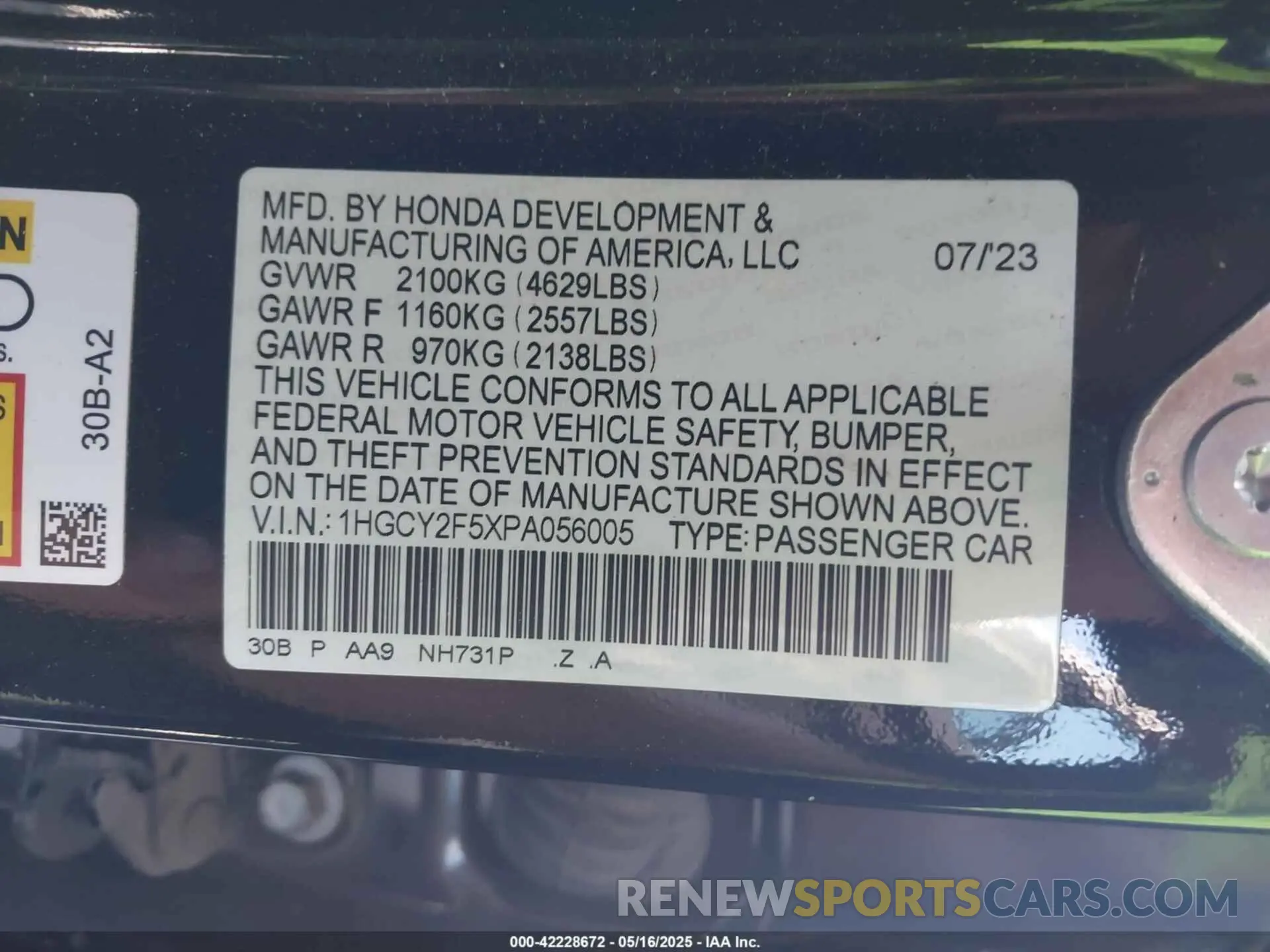 9 fotografías del automóvil dañado 1HGCY2F5XPA056005 HONDA ACCORD 2023