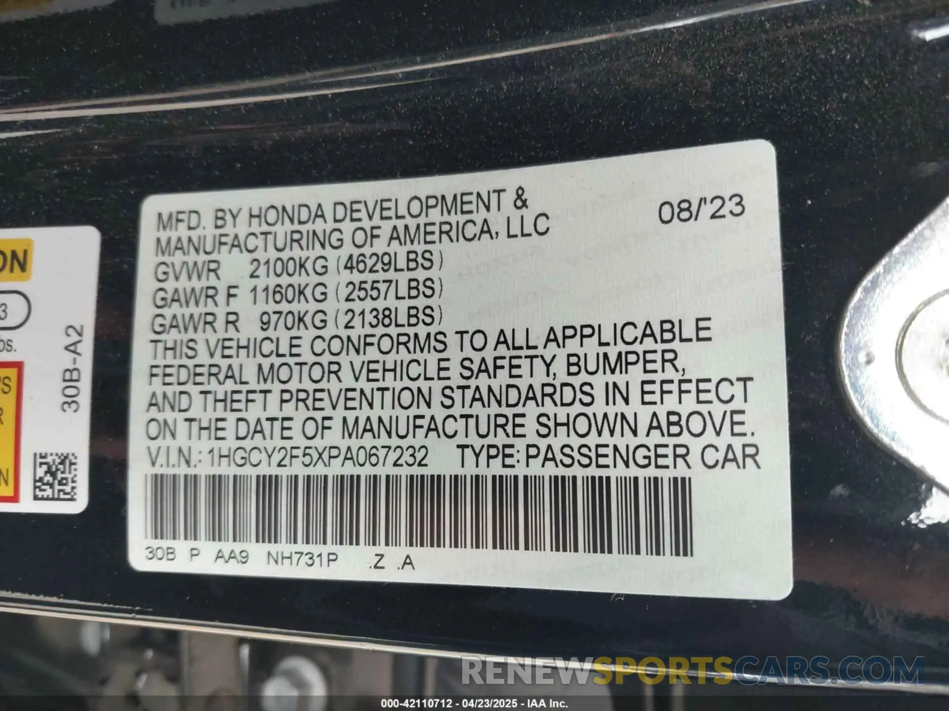 9 fotografías del automóvil dañado 1HGCY2F5XPA067232 HONDA ACCORD 2023