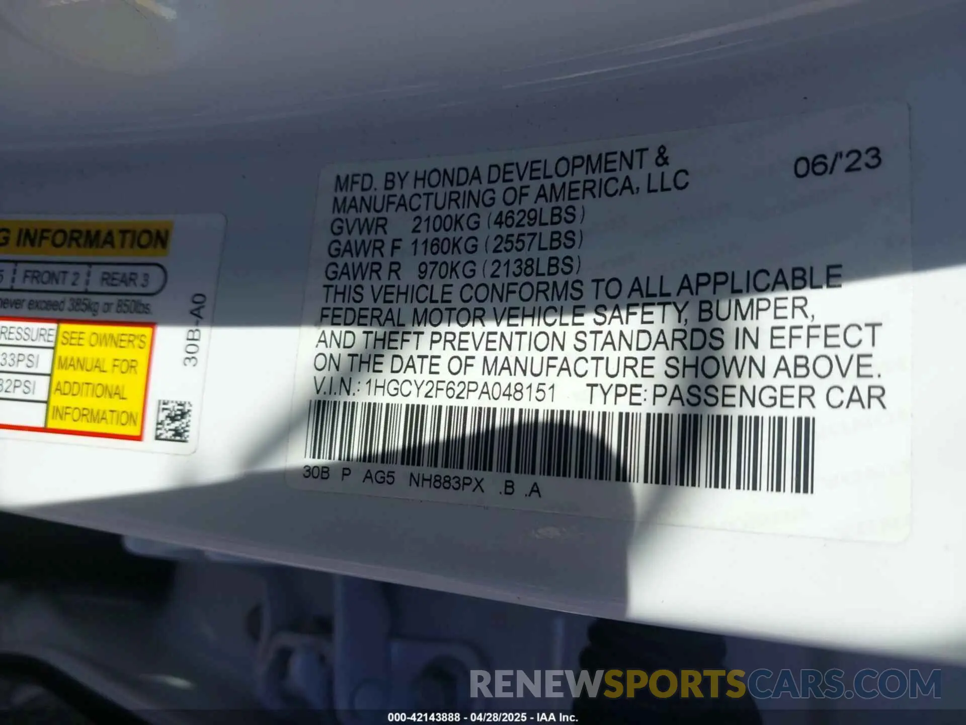 9 fotografías del automóvil dañado 1HGCY2F62PA048151 HONDA ACCORD 2023