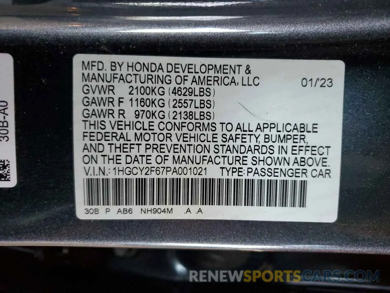 14 fotografías del automóvil dañado 1HGCY2F67PA001021 HONDA ACCORD 2023