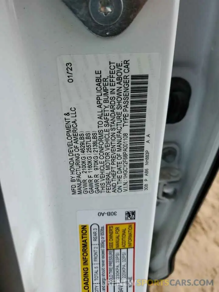 13 fotografías del automóvil dañado 1HGCY2F68PA001108 HONDA ACCORD 2023