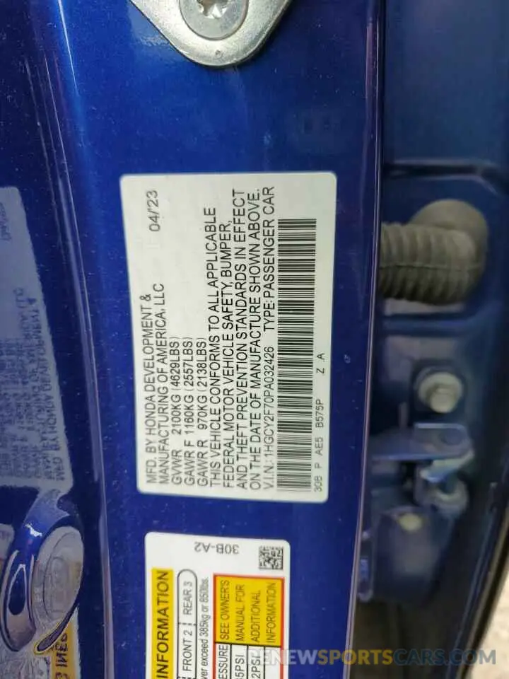 13 fotografías del automóvil dañado 1HGCY2F70PA032426 HONDA ACCORD 2023