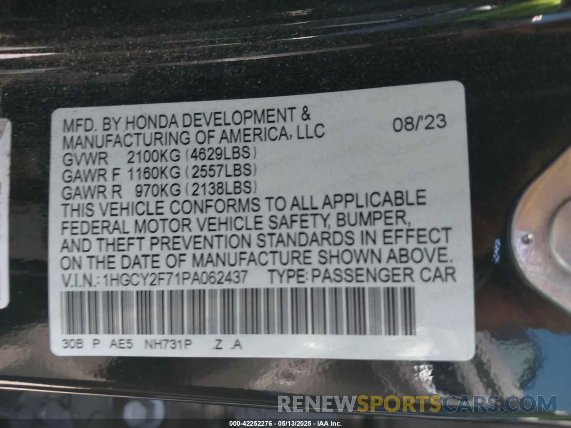 9 fotografías del automóvil dañado 1HGCY2F71PA062437 HONDA ACCORD 2023