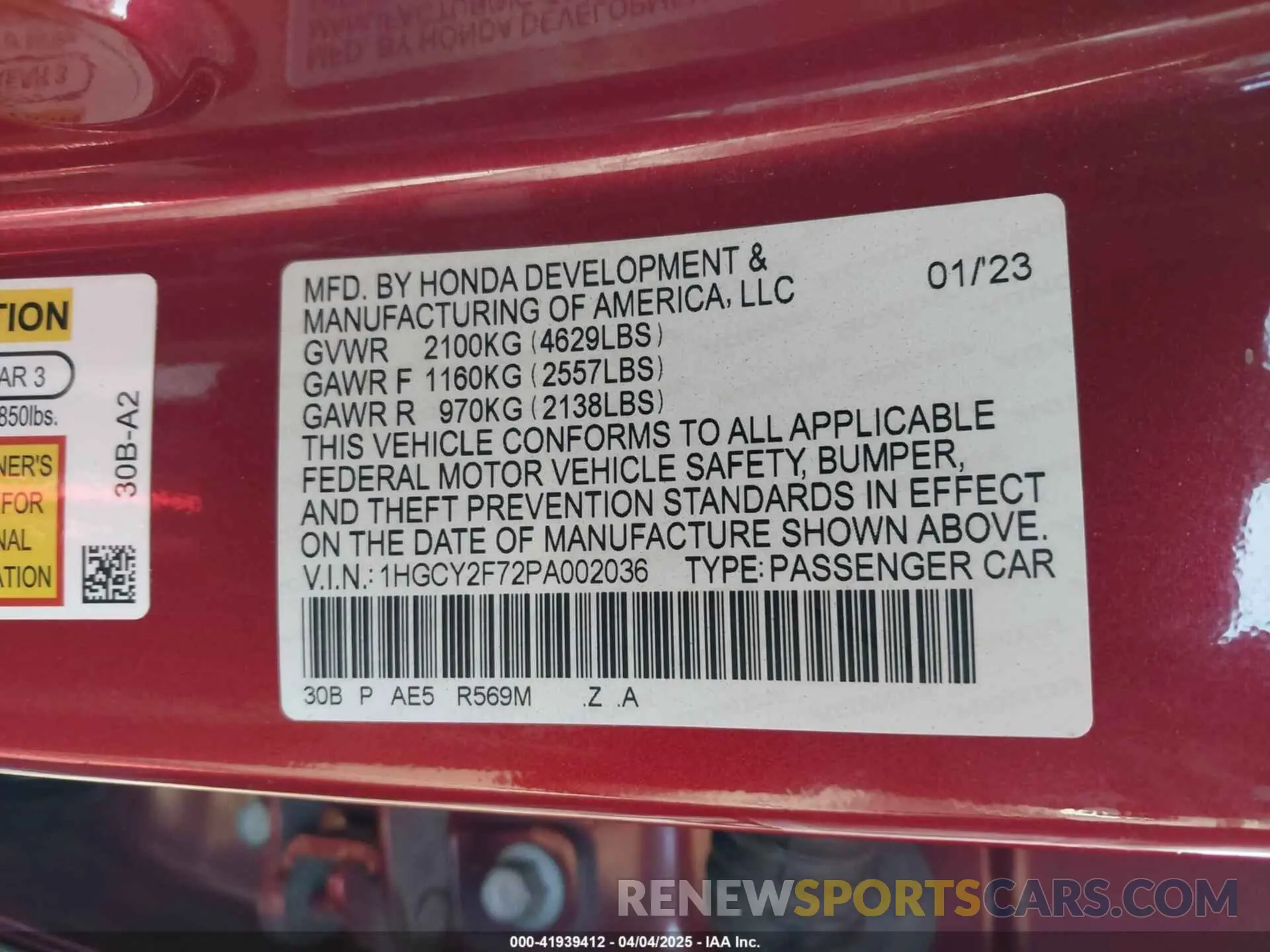 9 fotografías del automóvil dañado 1HGCY2F72PA002036 HONDA ACCORD 2023