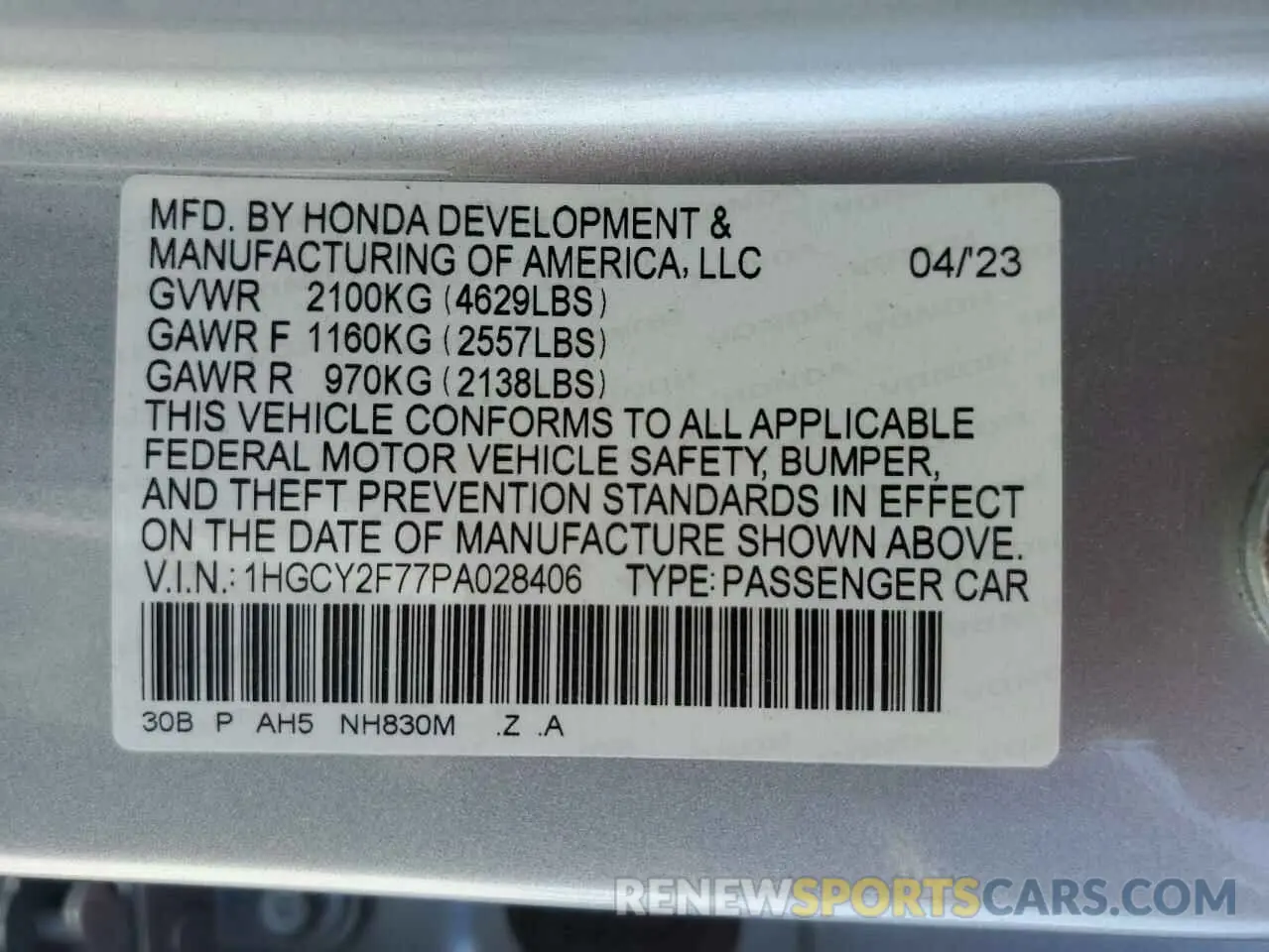 13 fotografías del automóvil dañado 1HGCY2F77PA028406 HONDA ACCORD 2023