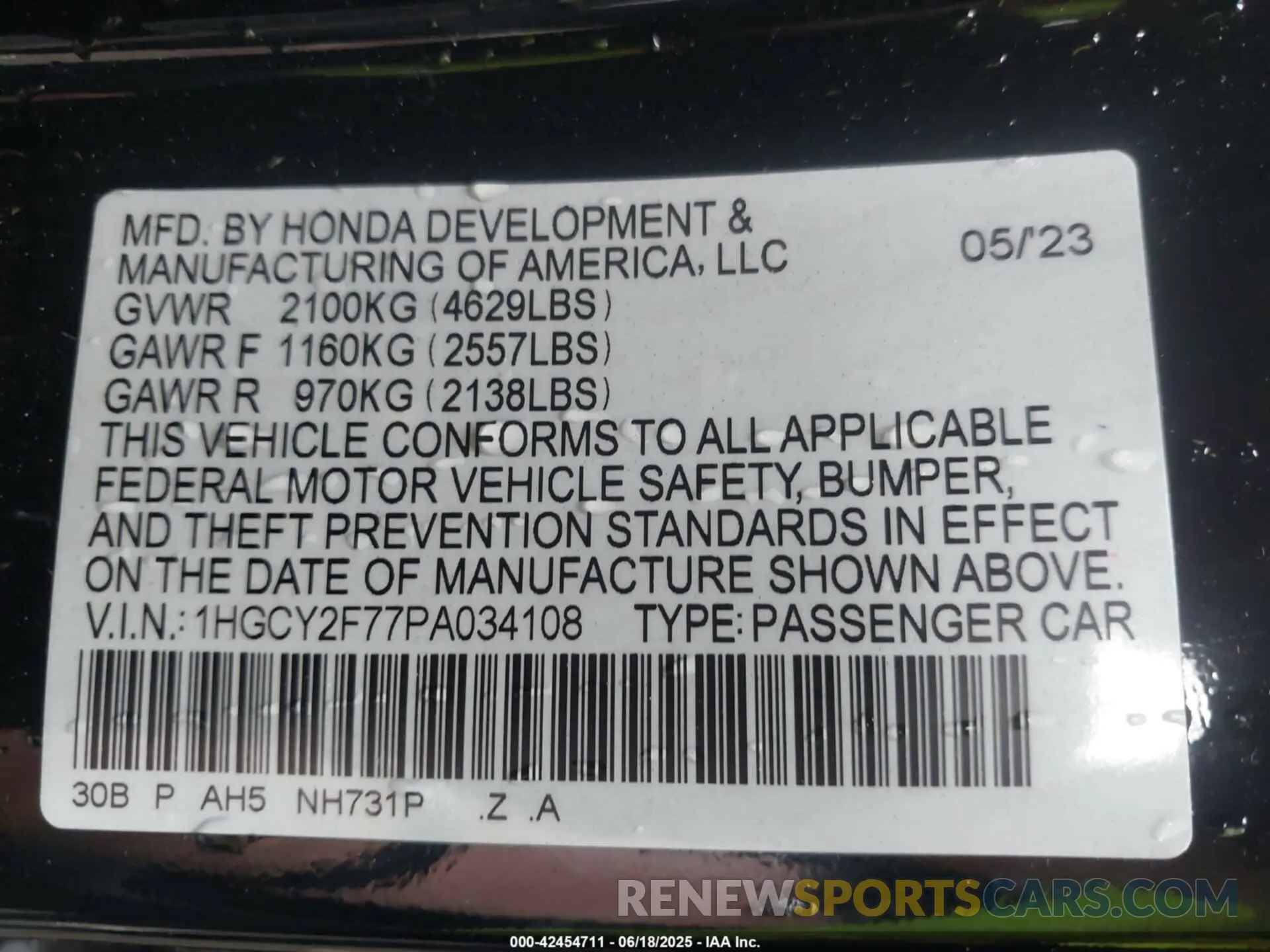 9 fotografías del automóvil dañado 1HGCY2F77PA034108 HONDA ACCORD 2023