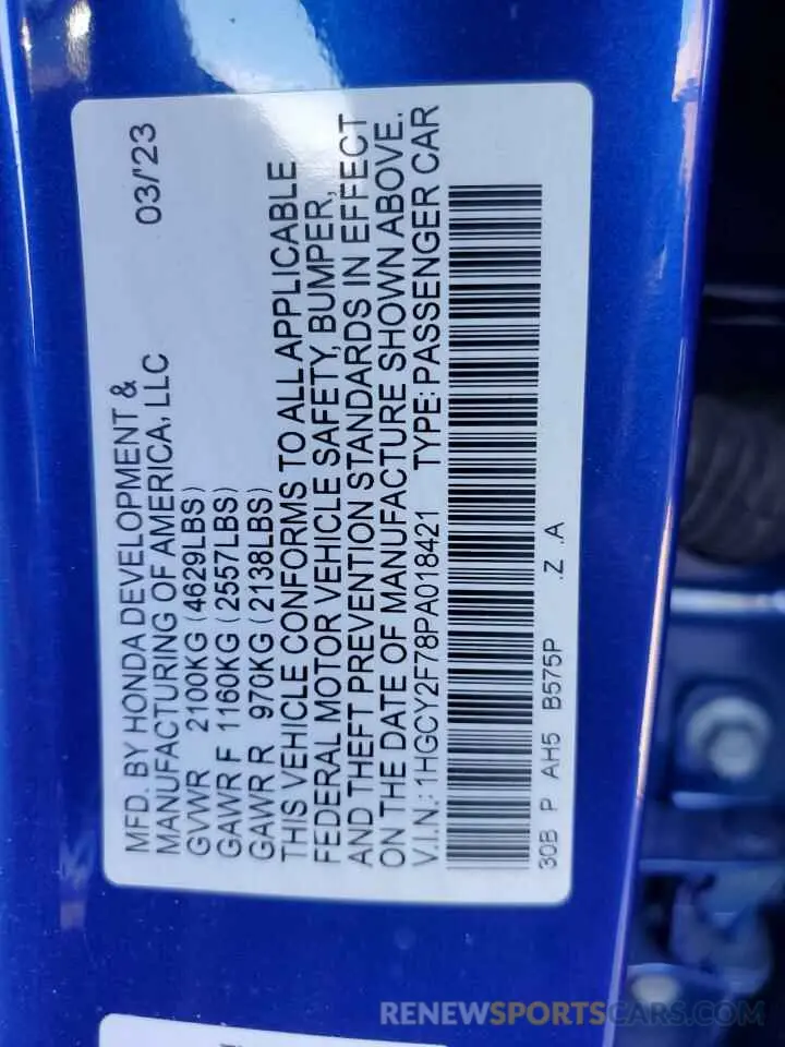 13 fotografías del automóvil dañado 1HGCY2F78PA018421 HONDA ACCORD 2023