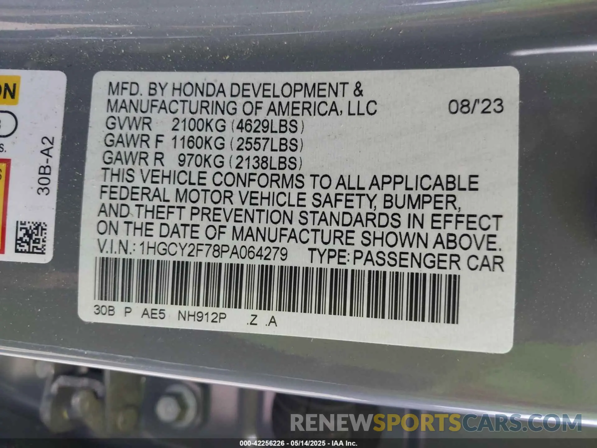 9 fotografías del automóvil dañado 1HGCY2F78PA064279 HONDA ACCORD 2023