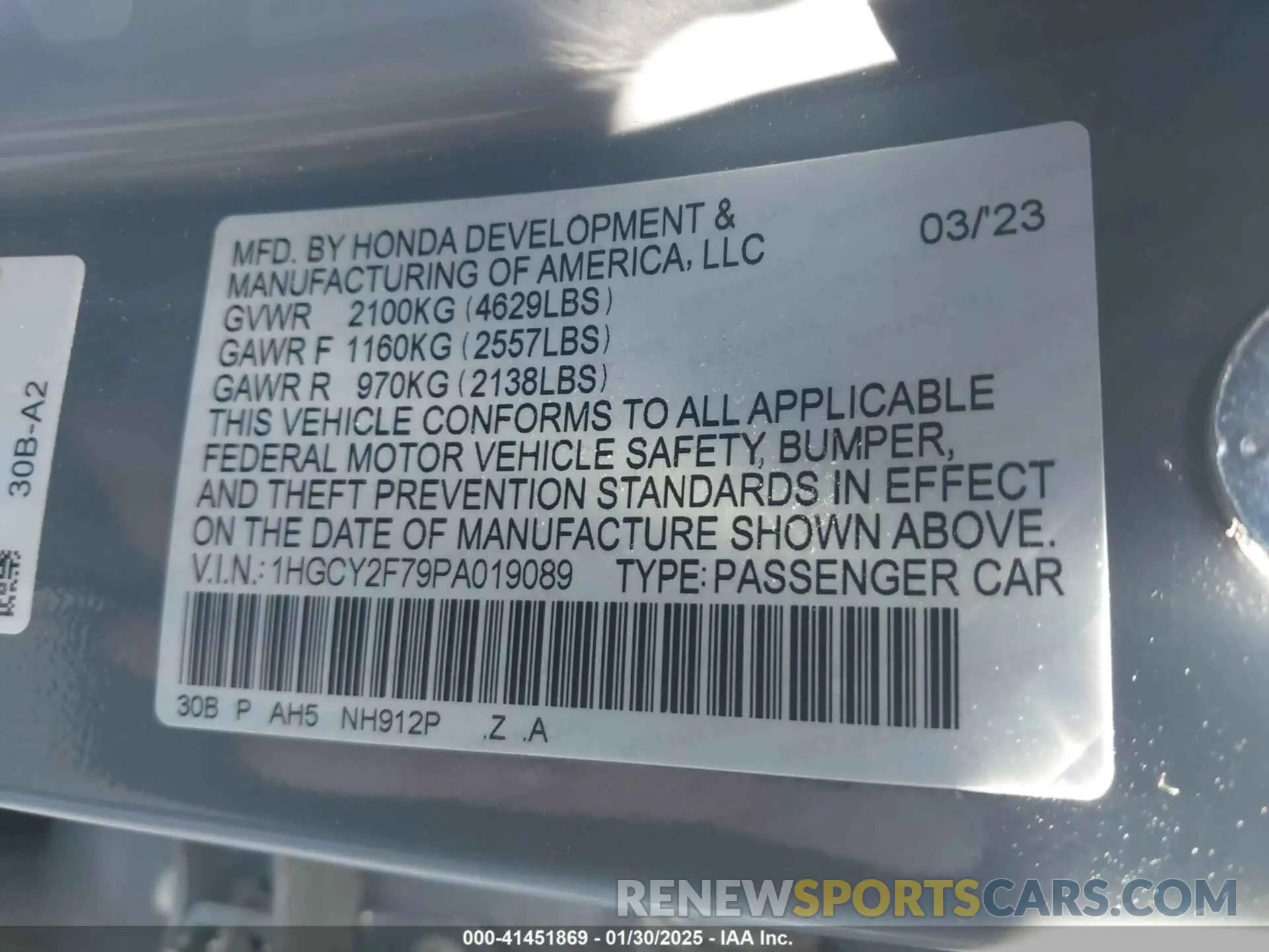 9 fotografías del automóvil dañado 1HGCY2F79PA019089 HONDA ACCORD 2023