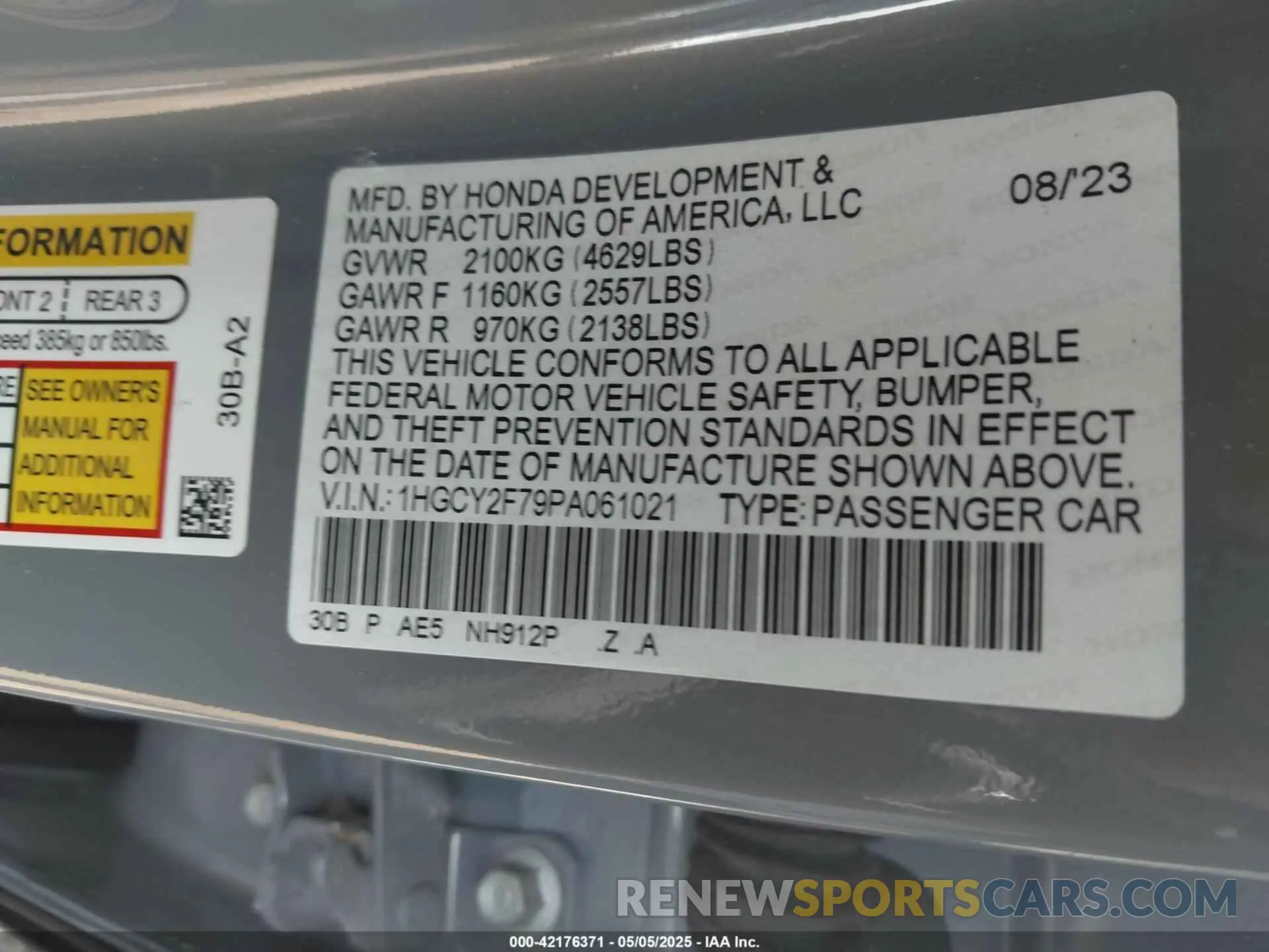 9 fotografías del automóvil dañado 1HGCY2F79PA061021 HONDA ACCORD 2023