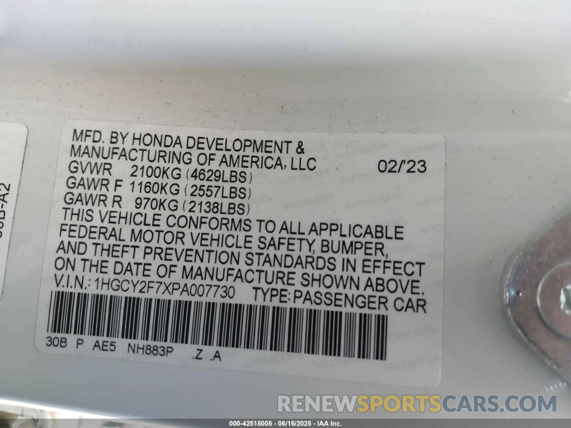 9 fotografías del automóvil dañado 1HGCY2F7XPA007730 HONDA ACCORD 2023
