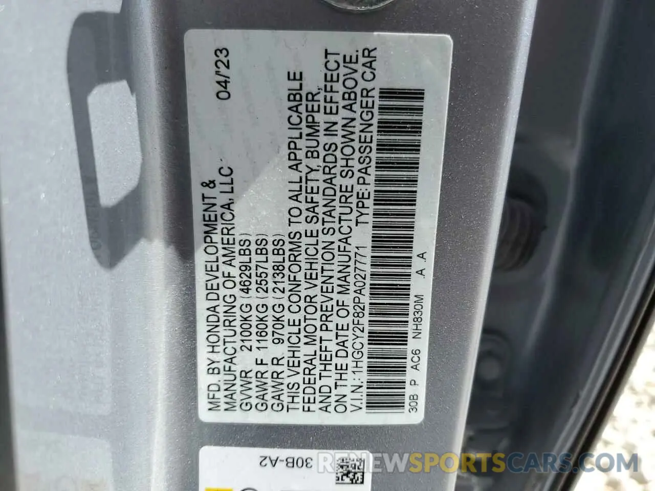 14 fotografías del automóvil dañado 1HGCY2F82PA027771 HONDA ACCORD 2023