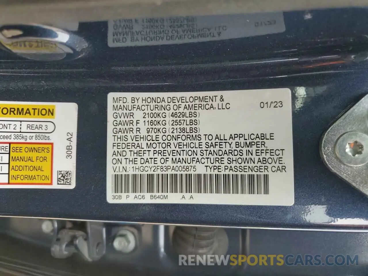 12 fotografías del automóvil dañado 1HGCY2F83PA005875 HONDA ACCORD 2023