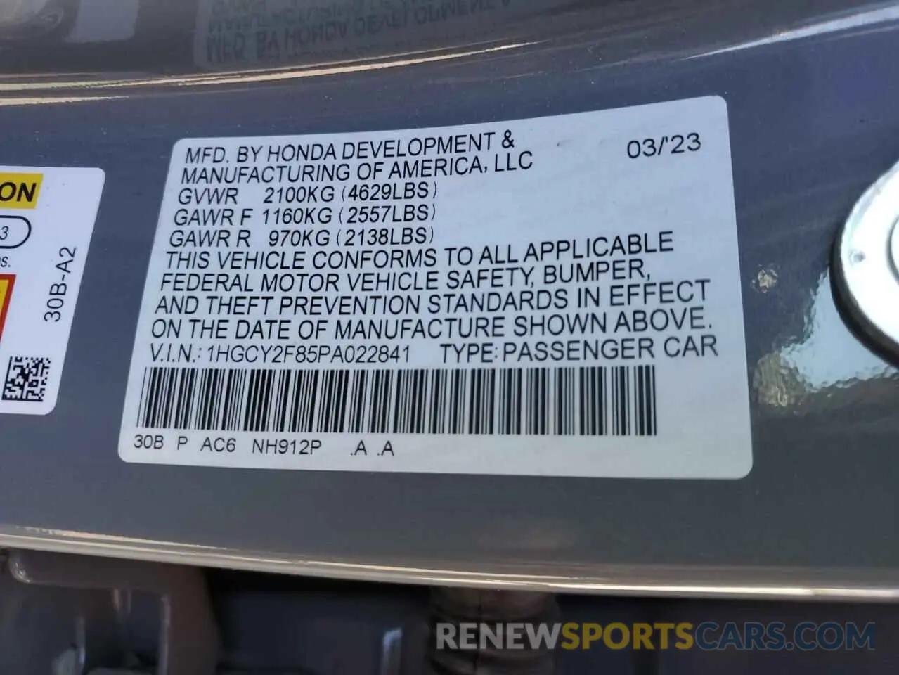 13 fotografías del automóvil dañado 1HGCY2F85PA022841 HONDA ACCORD 2023