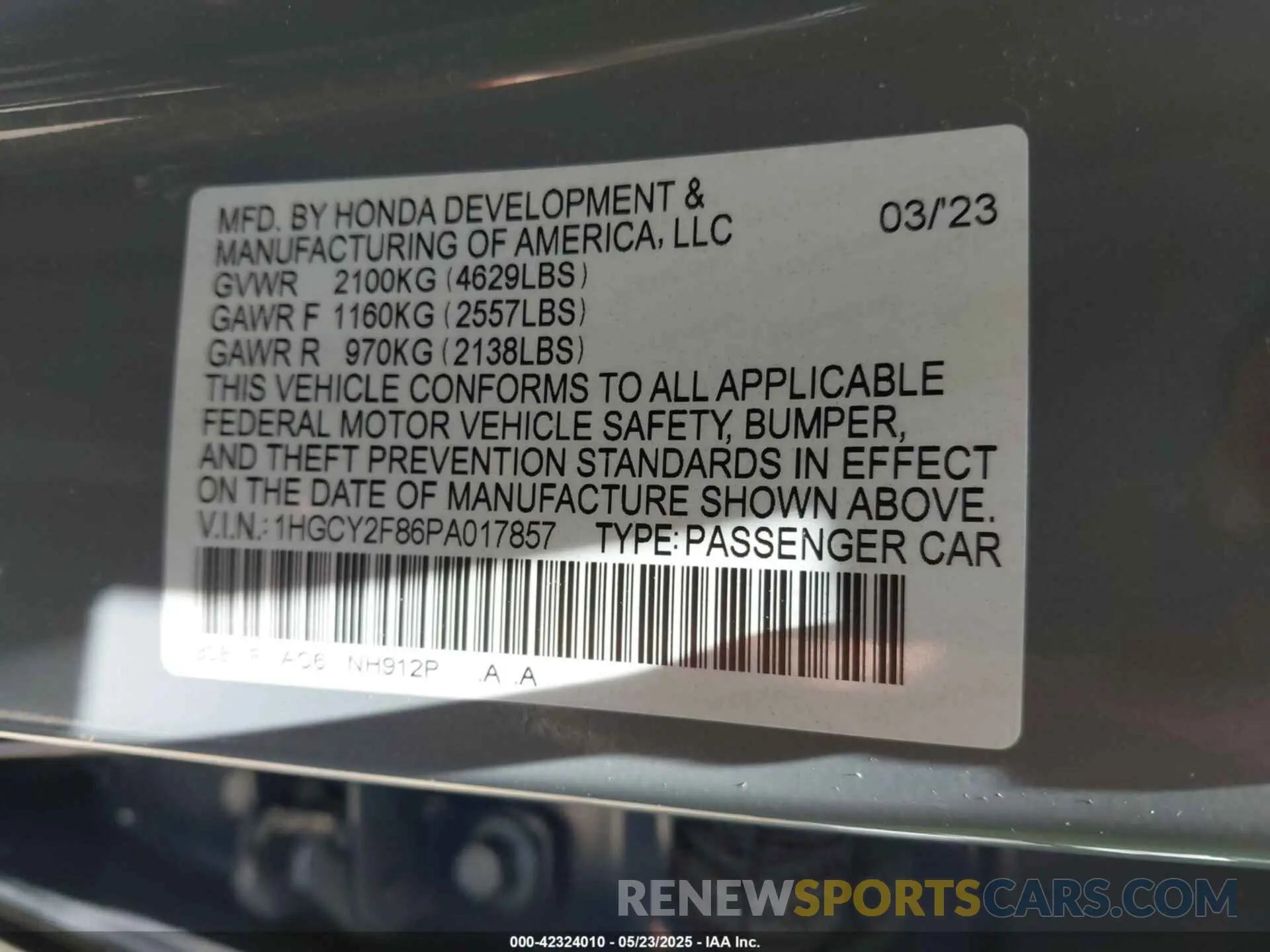 9 fotografías del automóvil dañado 1HGCY2F86PA017857 HONDA ACCORD 2023