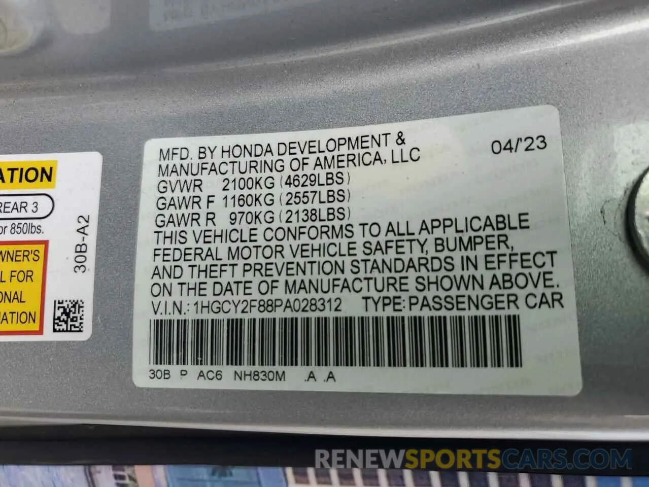 12 fotografías del automóvil dañado 1HGCY2F88PA028312 HONDA ACCORD 2023