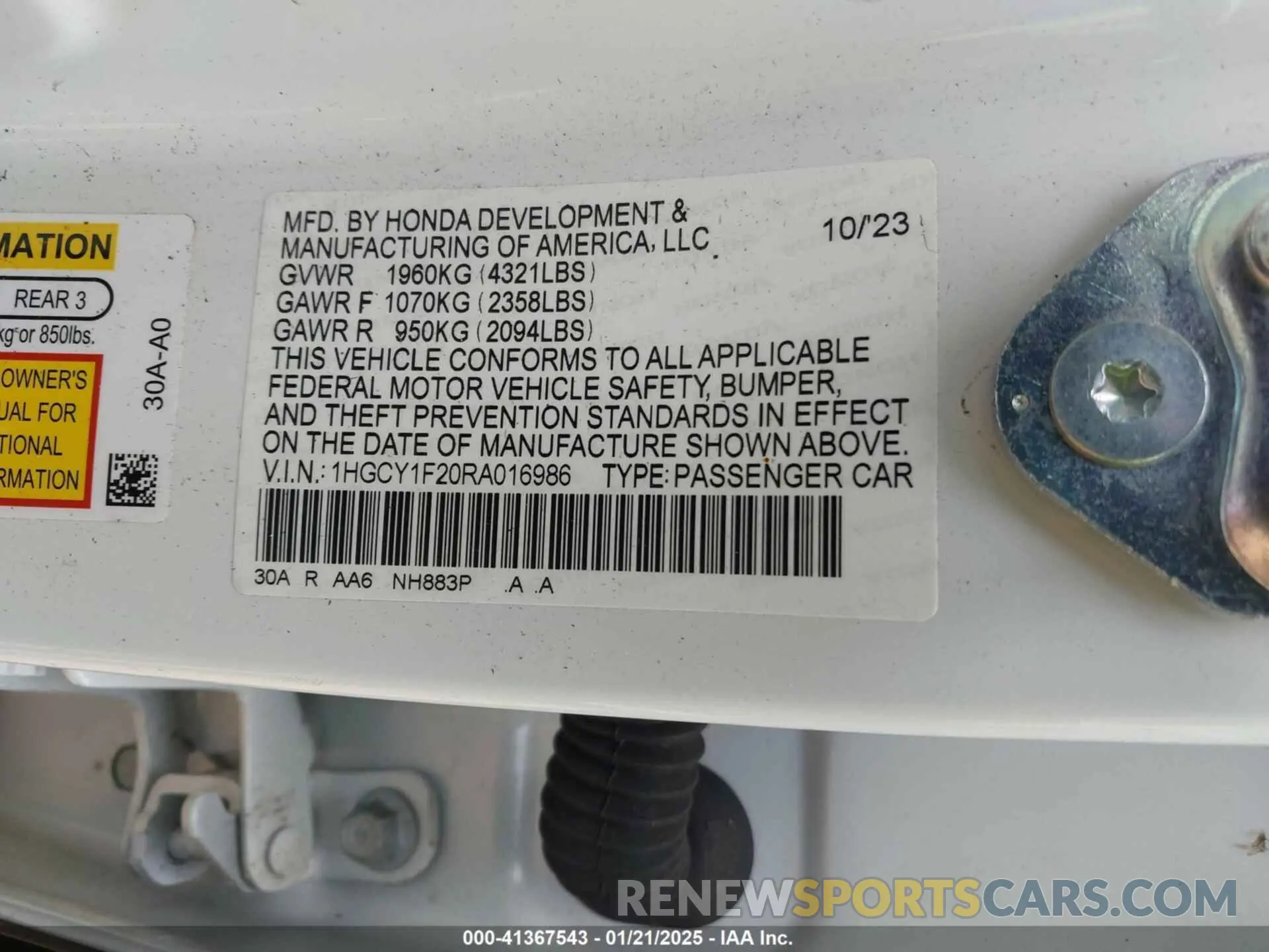 9 fotografías del automóvil dañado 1HGCY1F20RA016986 HONDA ACCORD 2024