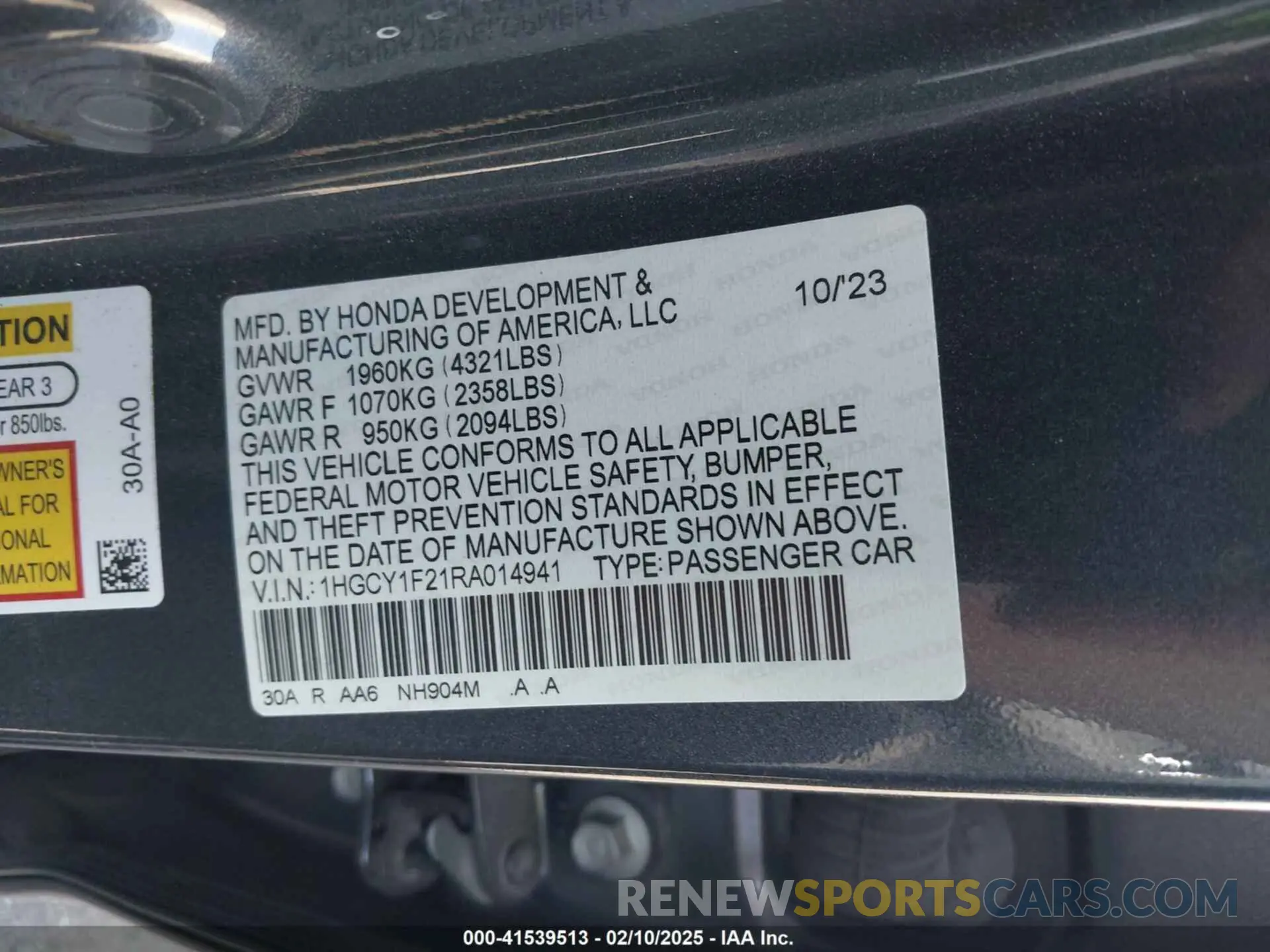 9 fotografías del automóvil dañado 1HGCY1F21RA014941 HONDA ACCORD 2024