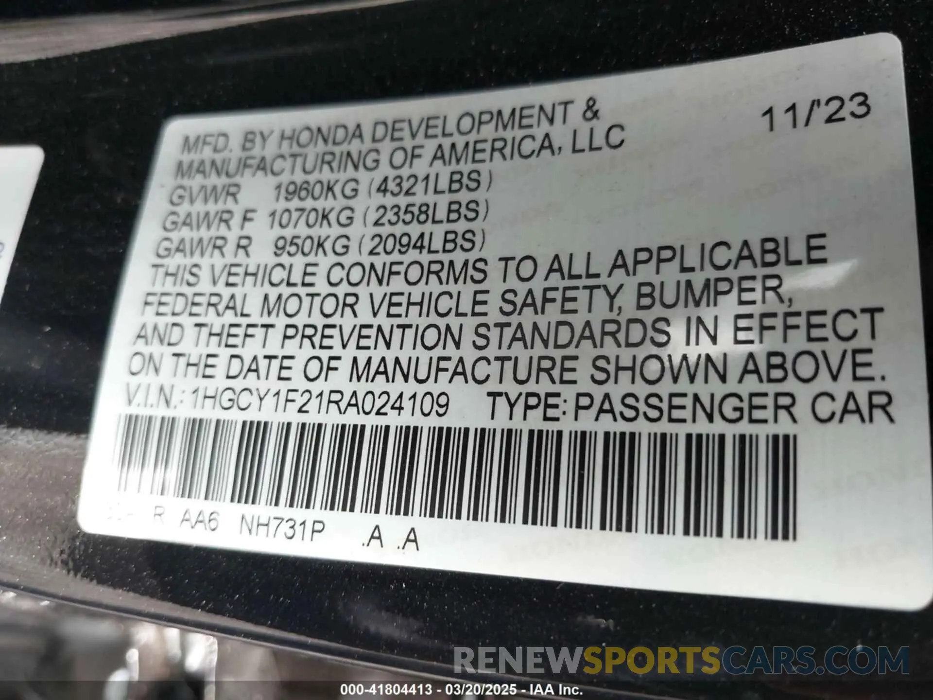 9 fotografías del automóvil dañado 1HGCY1F21RA024109 HONDA ACCORD 2024