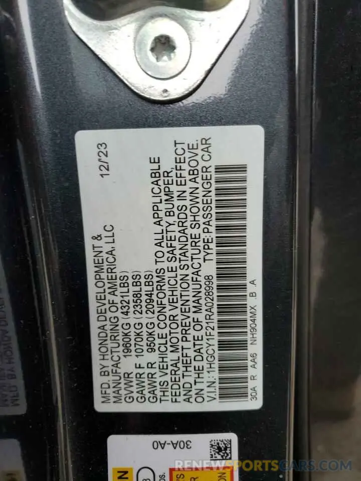 13 fotografías del automóvil dañado 1HGCY1F21RA028998 HONDA ACCORD 2024