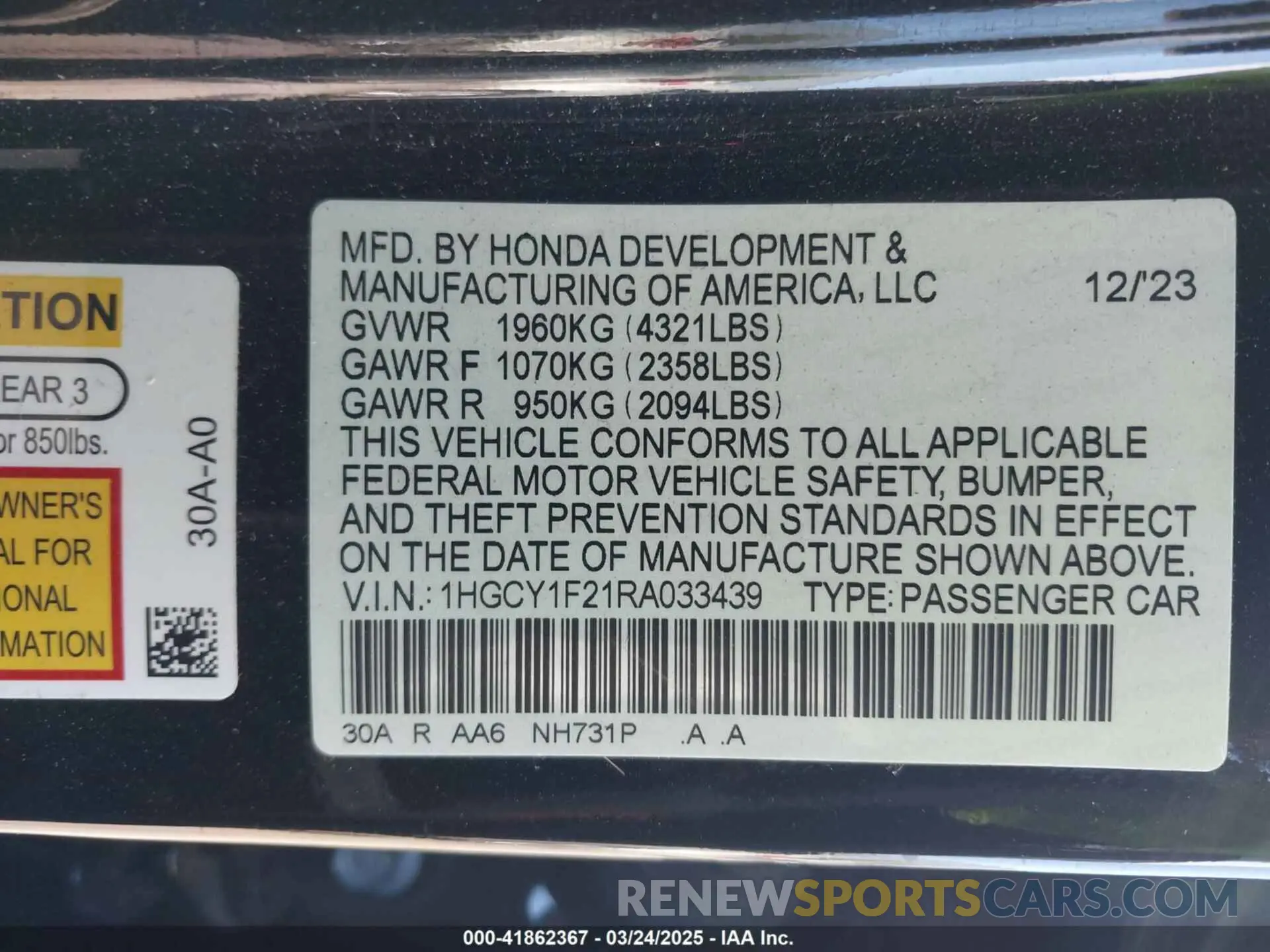 9 fotografías del automóvil dañado 1HGCY1F21RA033439 HONDA ACCORD 2024