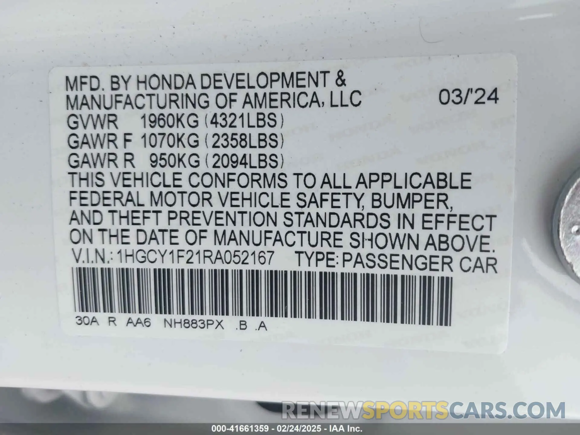 9 fotografías del automóvil dañado 1HGCY1F21RA052167 HONDA ACCORD 2024