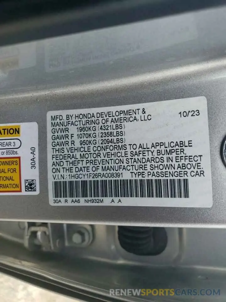 14 fotografías del automóvil dañado 1HGCY1F26RA008391 HONDA ACCORD 2024