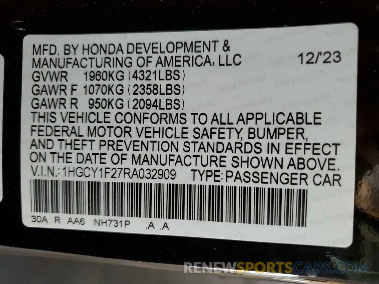 14 fotografías del automóvil dañado 1HGCY1F27RA032909 HONDA ACCORD 2024