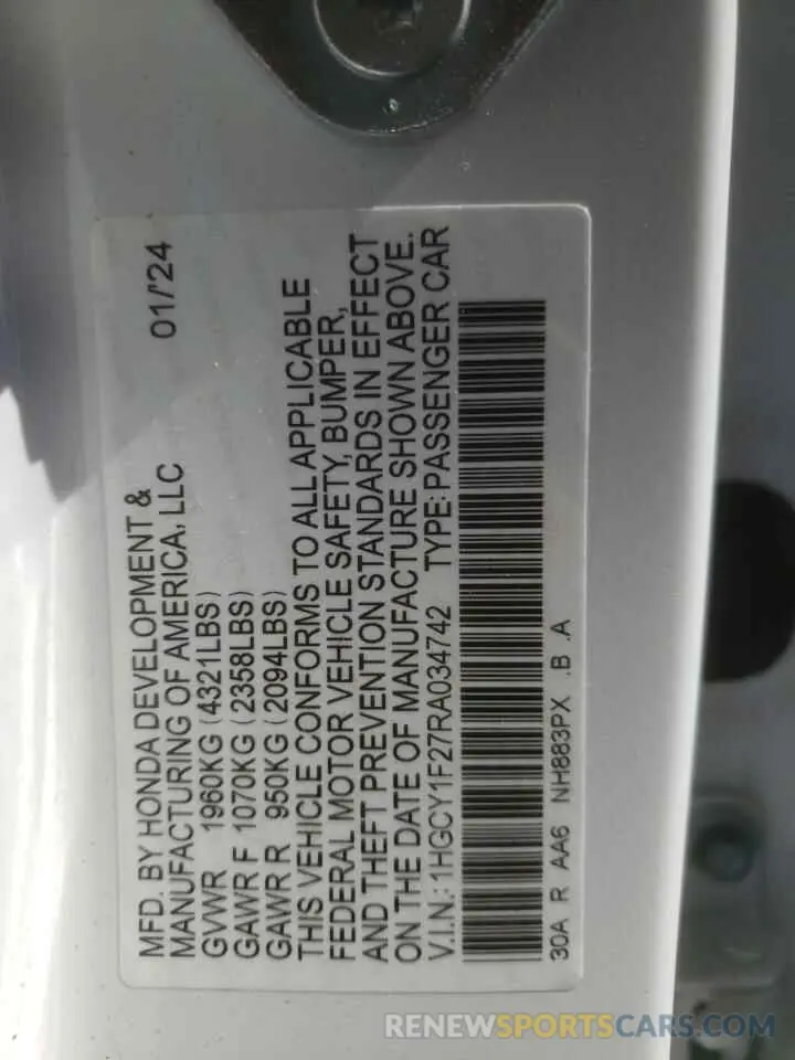 12 fotografías del automóvil dañado 1HGCY1F27RA034742 HONDA ACCORD 2024