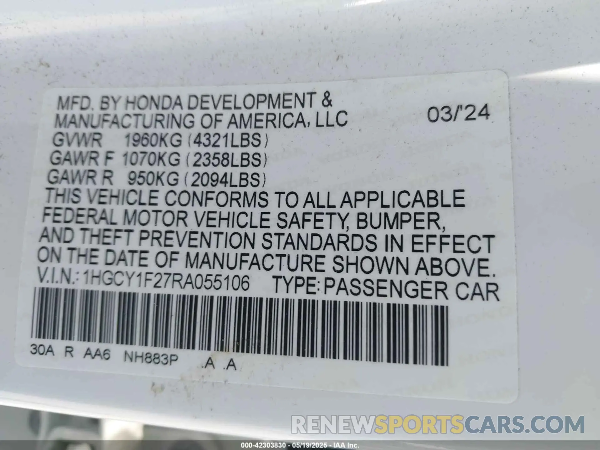 9 fotografías del automóvil dañado 1HGCY1F27RA055106 HONDA ACCORD 2024