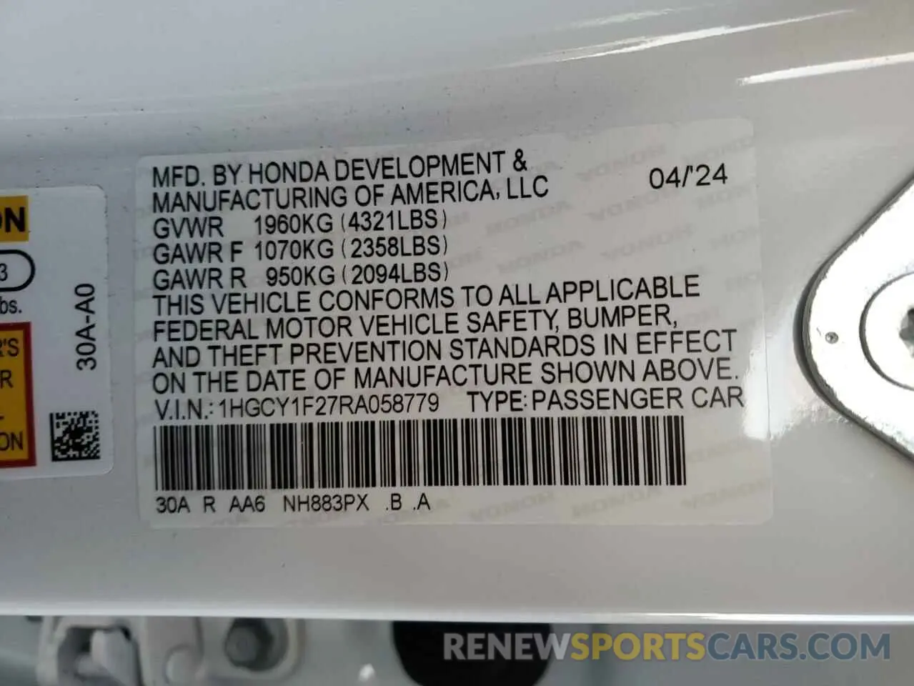 12 fotografías del automóvil dañado 1HGCY1F27RA058779 HONDA ACCORD 2024