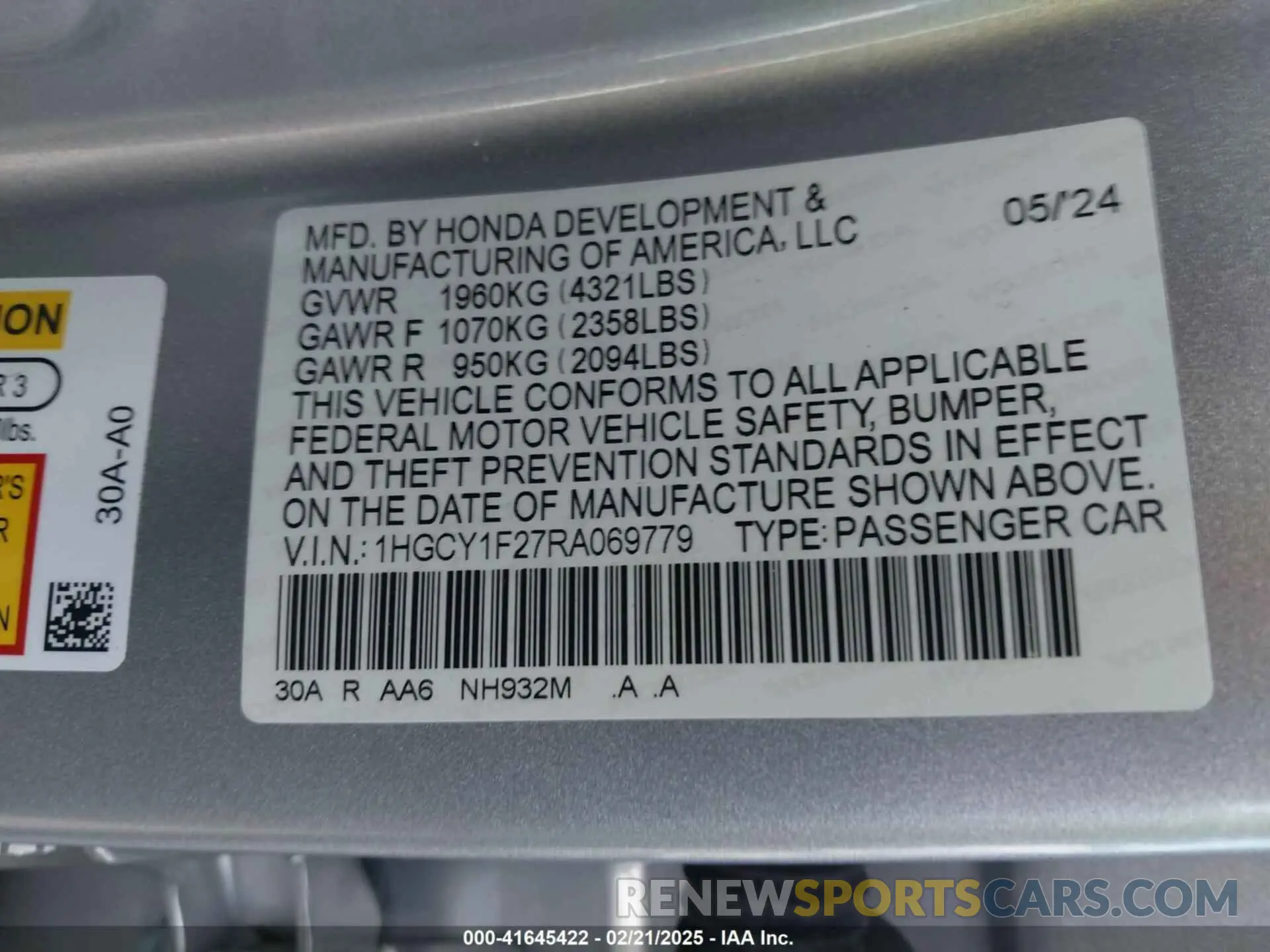 9 fotografías del automóvil dañado 1HGCY1F27RA069779 HONDA ACCORD 2024