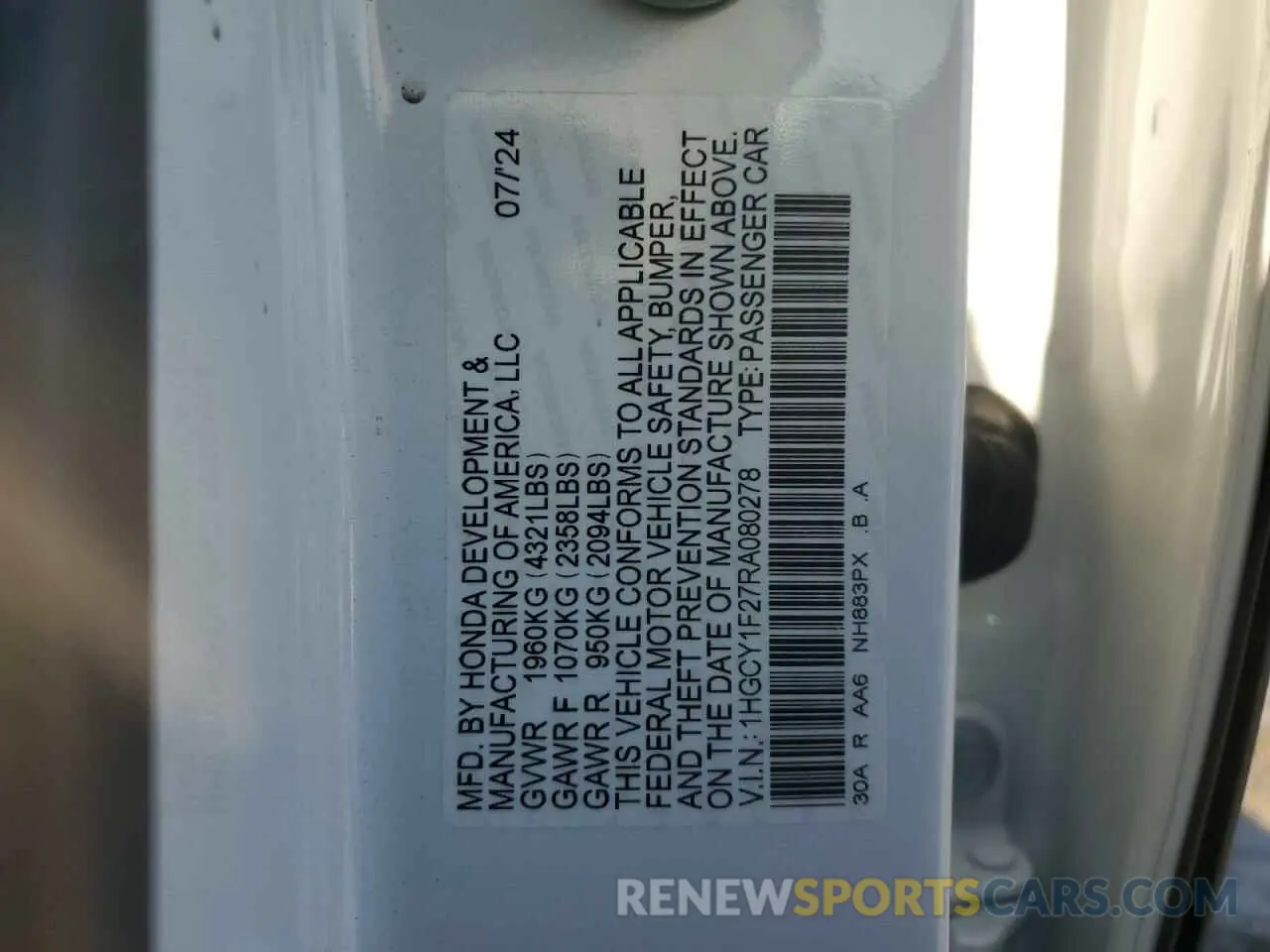 12 fotografías del automóvil dañado 1HGCY1F27RA080278 HONDA ACCORD 2024