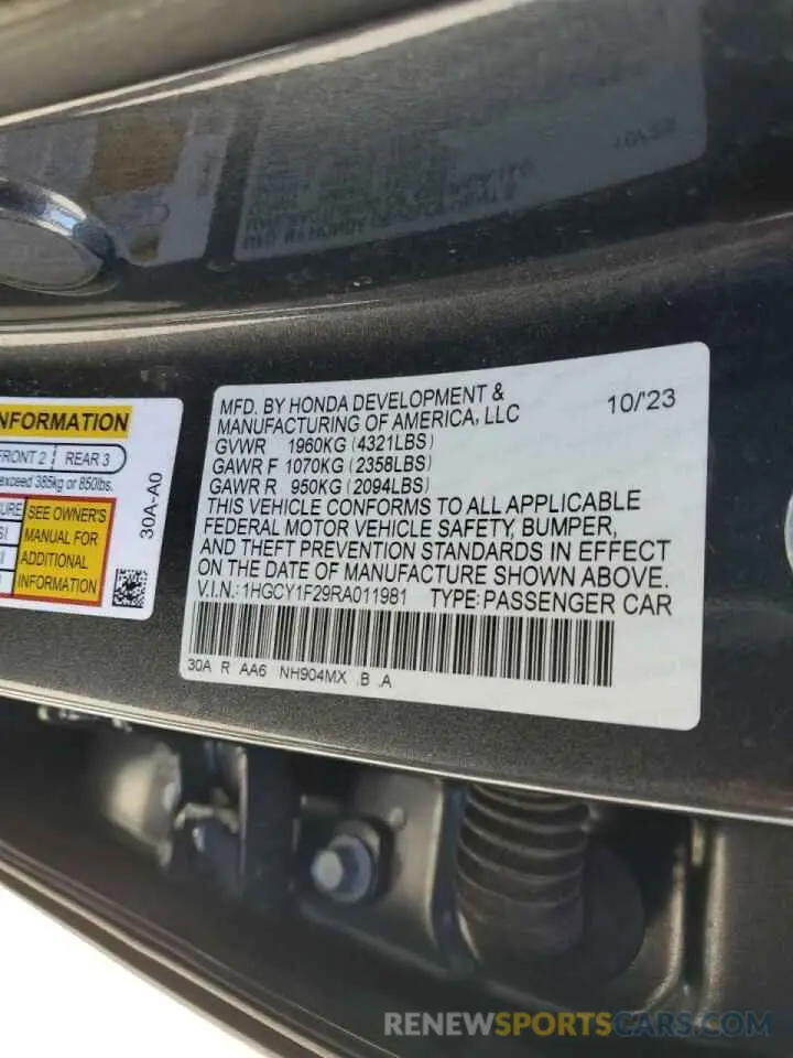 12 fotografías del automóvil dañado 1HGCY1F29RA011981 HONDA ACCORD 2024