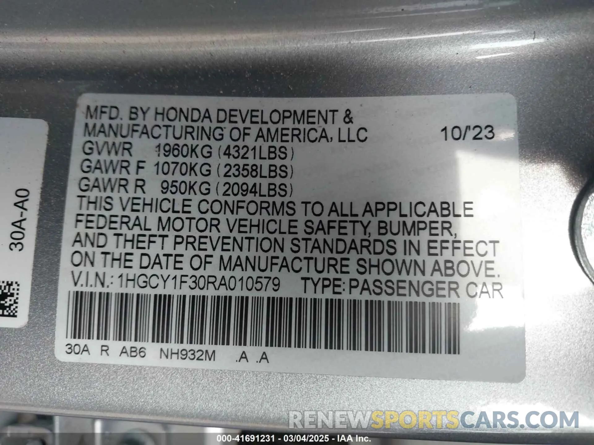 9 fotografías del automóvil dañado 1HGCY1F30RA010579 HONDA ACCORD 2024