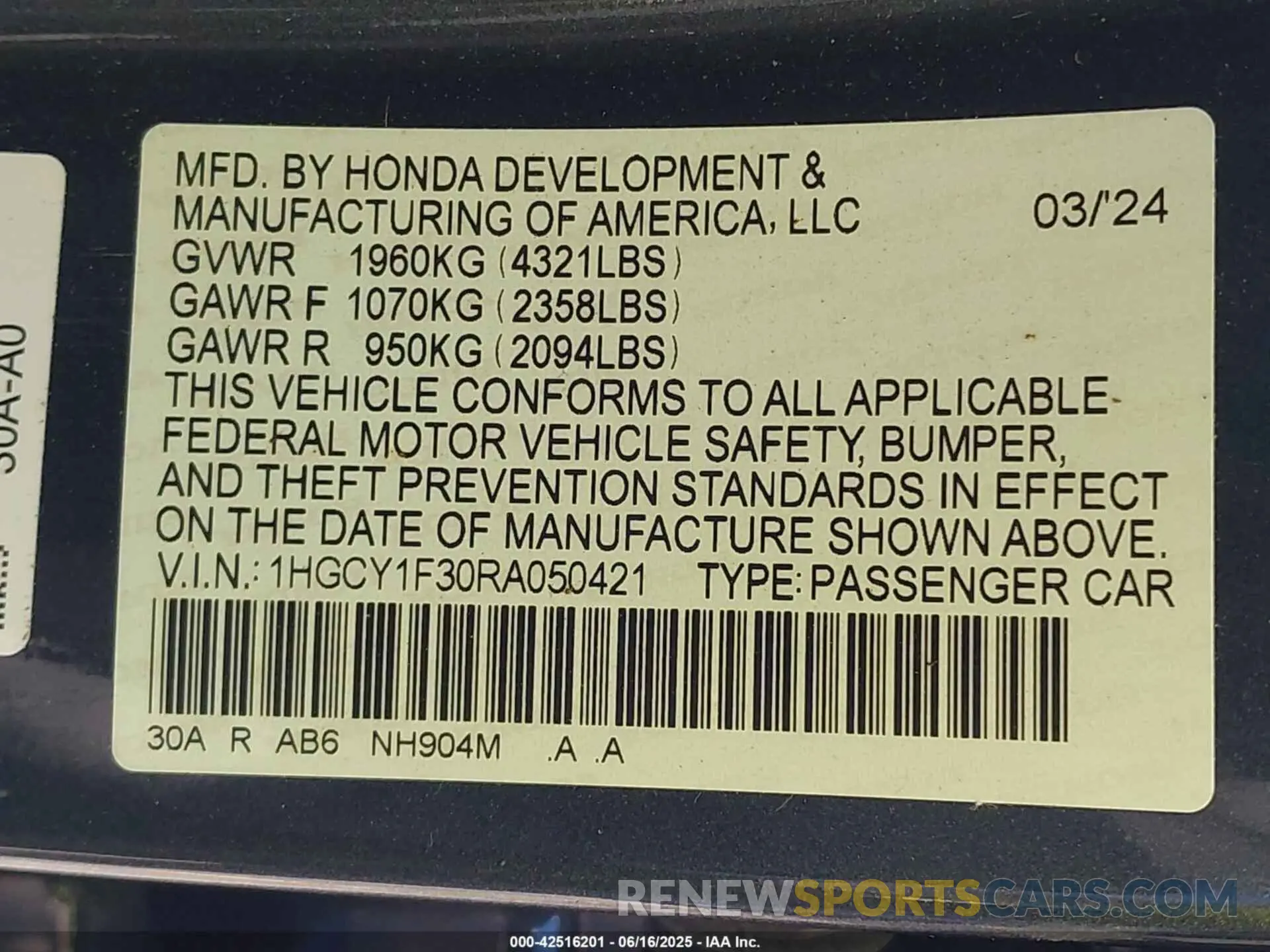 9 fotografías del automóvil dañado 1HGCY1F30RA050421 HONDA ACCORD 2024