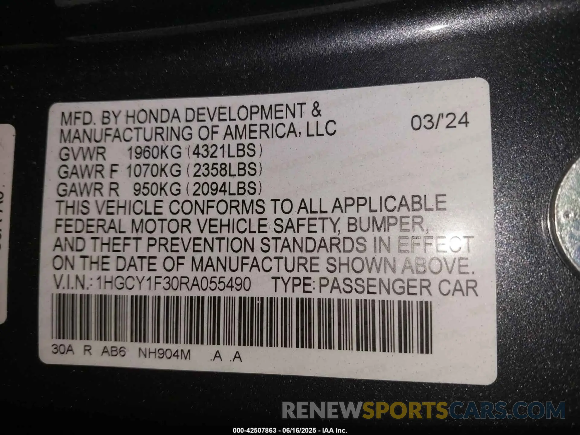 9 fotografías del automóvil dañado 1HGCY1F30RA055490 HONDA ACCORD 2024