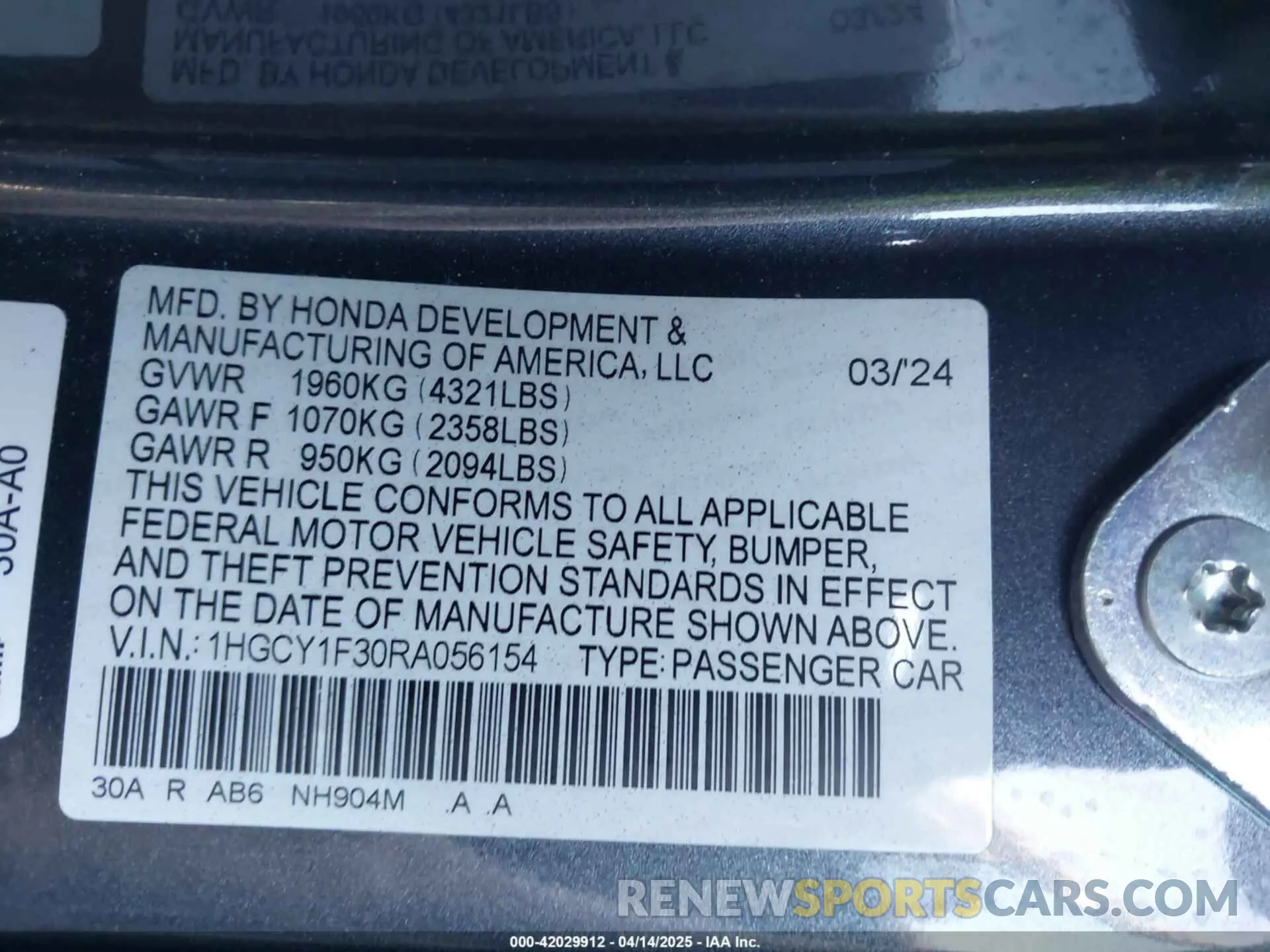 9 fotografías del automóvil dañado 1HGCY1F30RA056154 HONDA ACCORD 2024