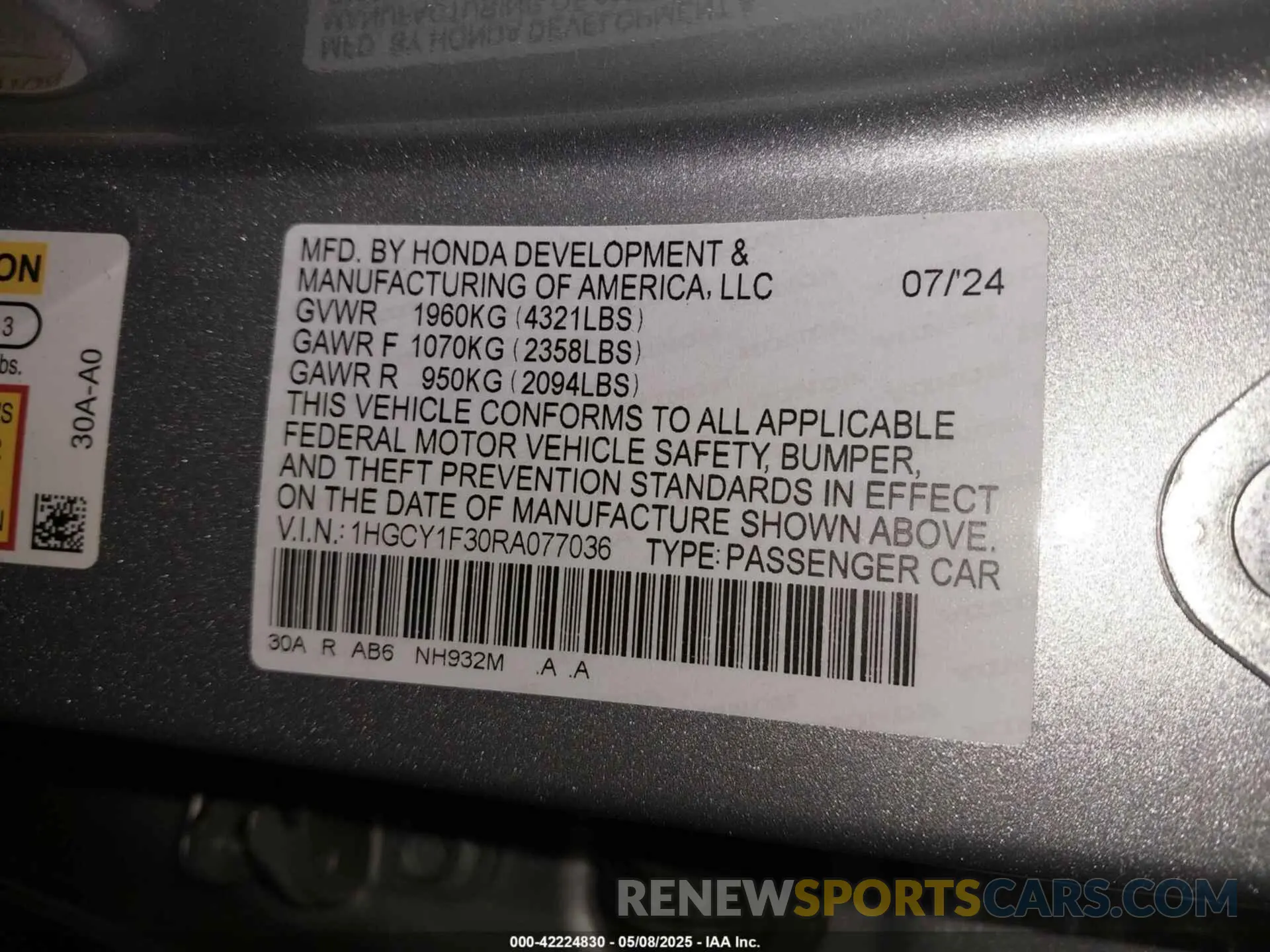 9 fotografías del automóvil dañado 1HGCY1F30RA077036 HONDA ACCORD 2024