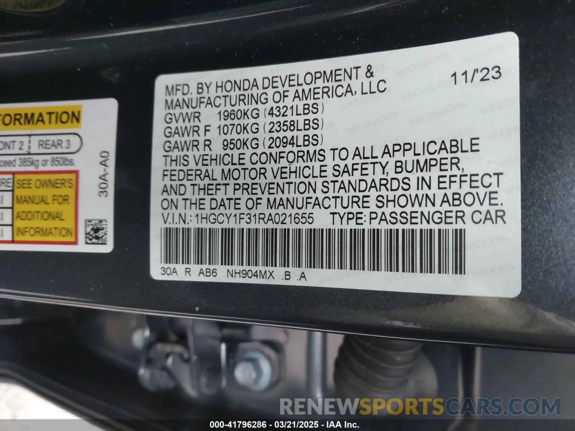 9 fotografías del automóvil dañado 1HGCY1F31RA021655 HONDA ACCORD 2024